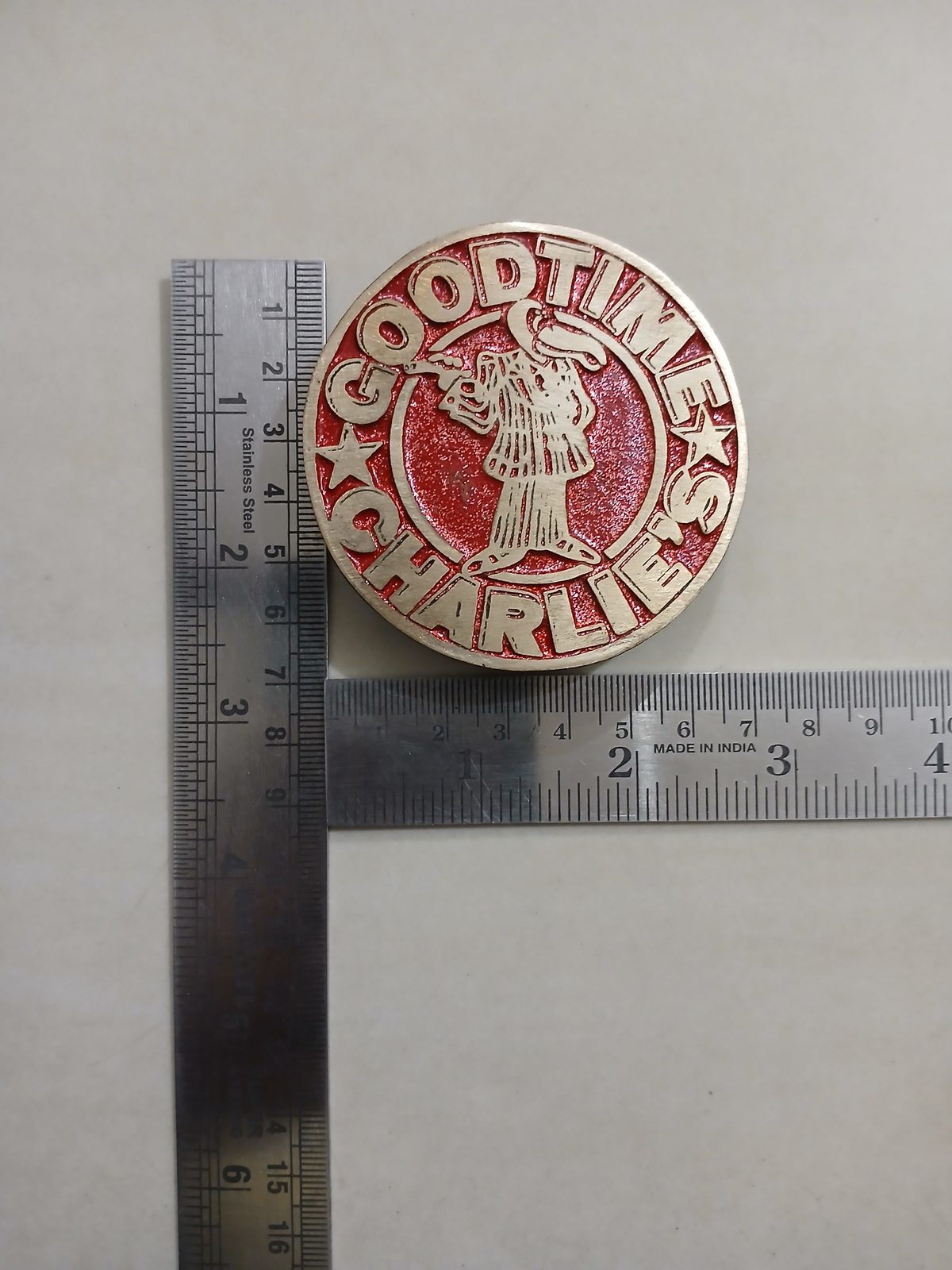 Good Time Charlies Vintage Belt Buckle – With ruler for size Good Time Charlies vintage belt buckle – with ruler for size