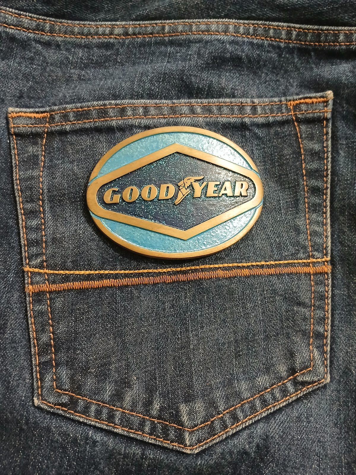 Goodyear Vintage Belt Buckle – On jeans back pocket Goodyear vintage belt buckle – on jeans back pocket