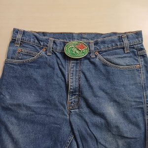 Green Floral vintage belt buckle – worn on belt with jeans