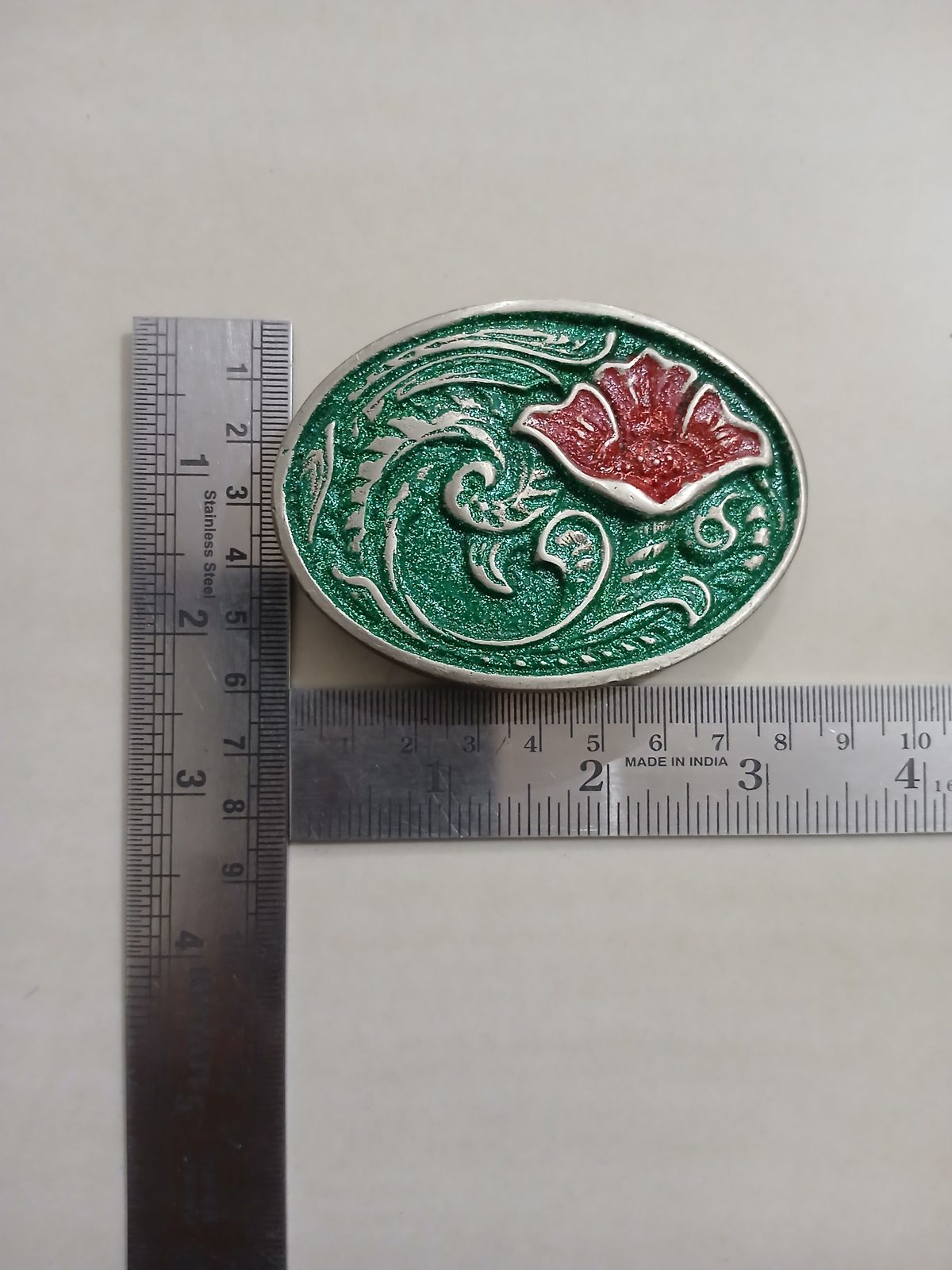 Green Floral Vintage Belt Buckle – With ruler for size Green Floral vintage belt buckle – with ruler for size