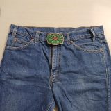 Green Floral vintage belt buckle – worn on belt with jeans