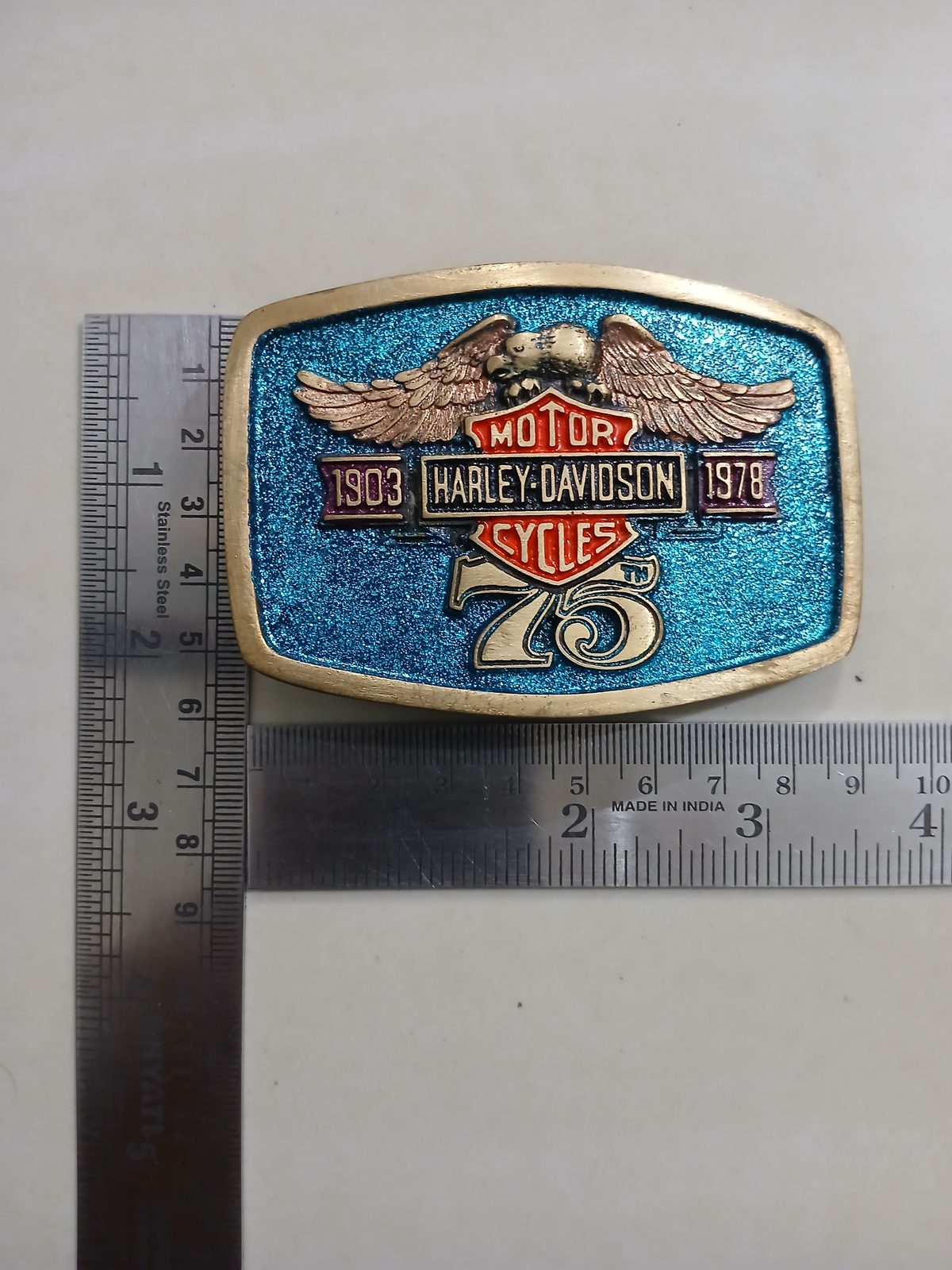 Harley-Davidson 75th Anniversary 1903-1978 Vintage Belt Buckle – With ruler for size Harley-Davidson 75th Anniversary 1903-1978 vintage belt buckle – with ruler for size