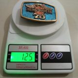 Harley-Davidson 75th Anniversary 1903-1978 vintage belt buckle – on scale showing weight