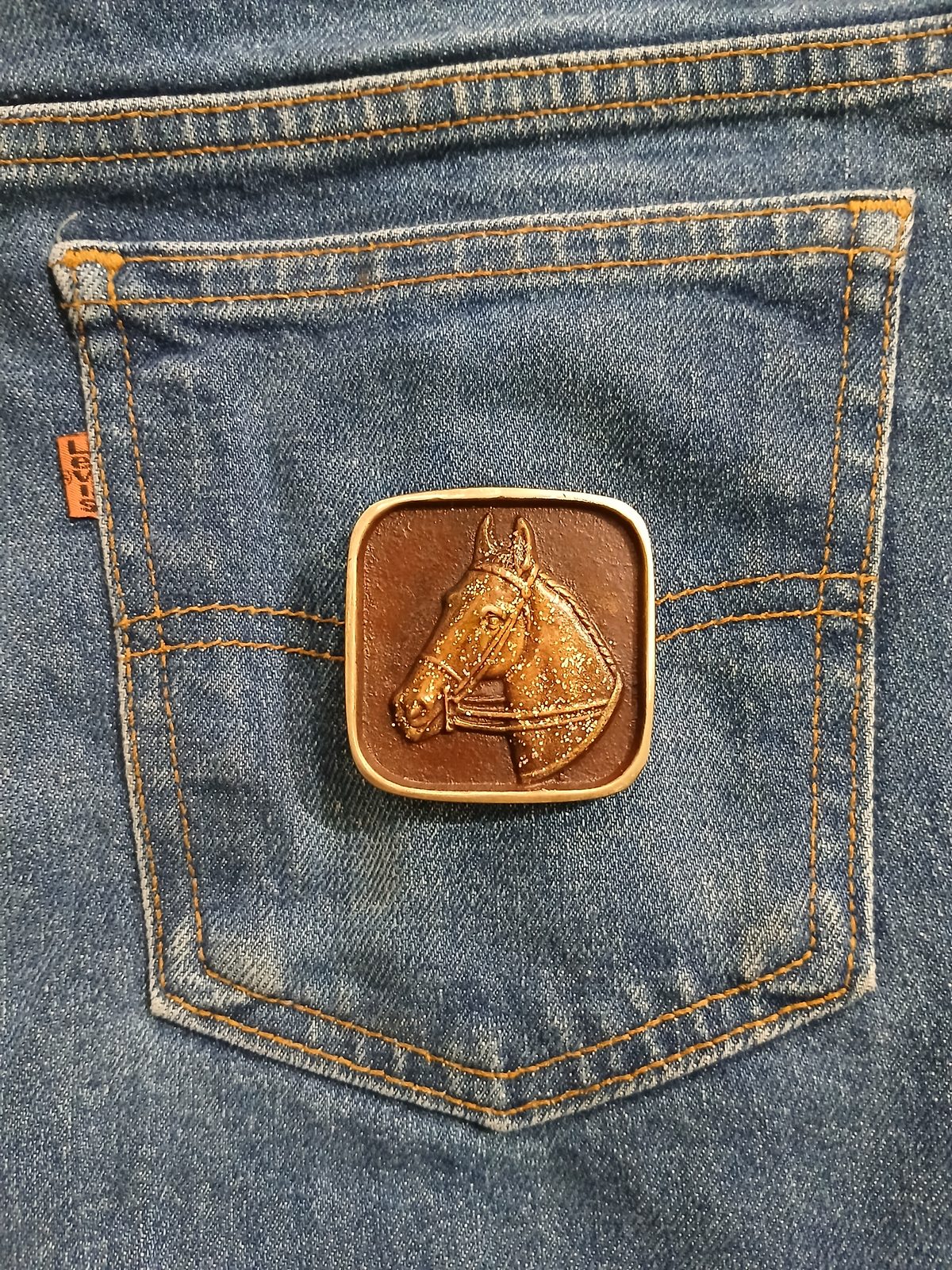 Horse Head Vintage Belt Buckle – On jeans back pocket Horse Head vintage belt buckle – on jeans back pocket