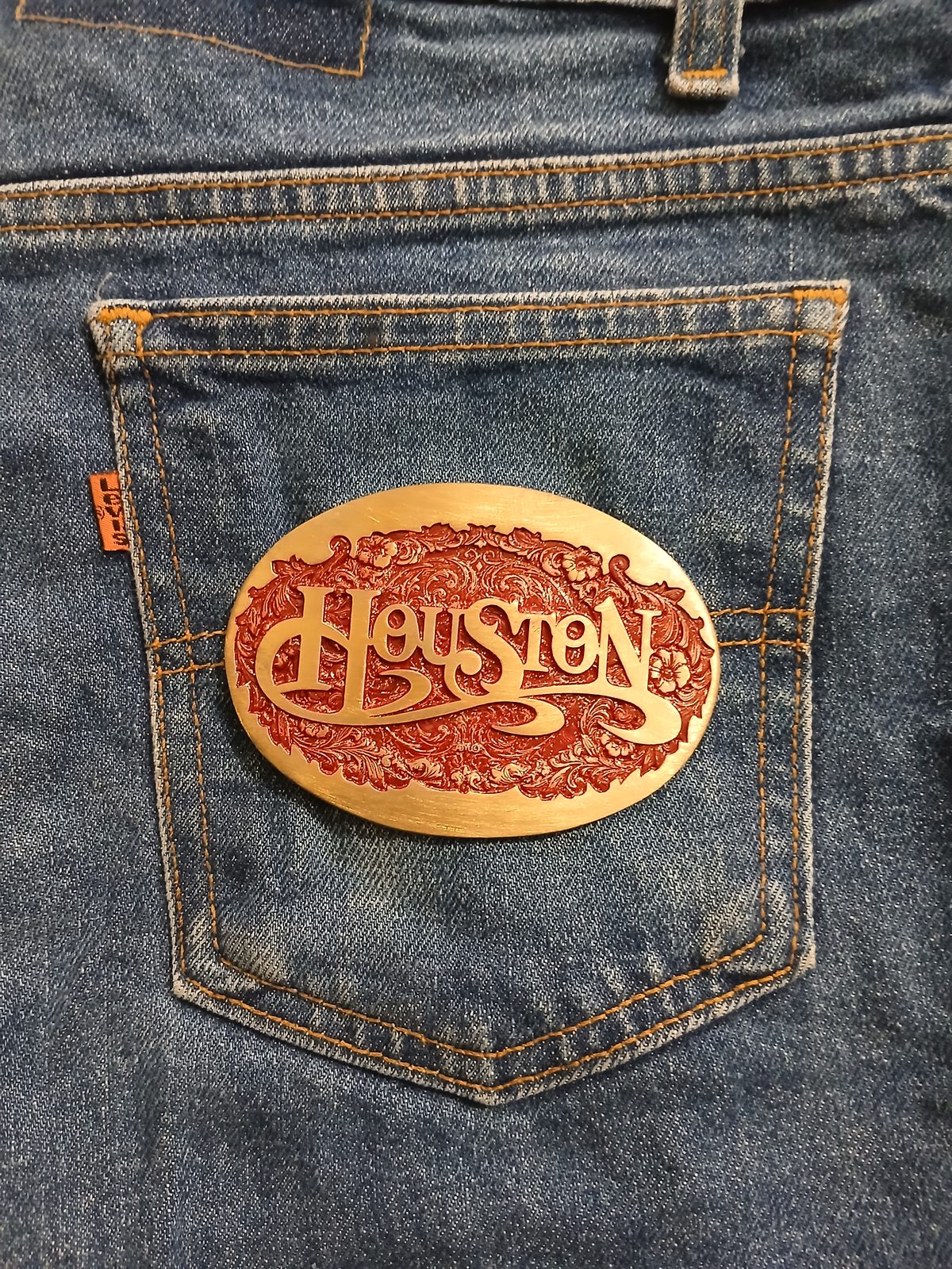 Houston Vintage Belt Buckle – On jeans back pocket Houston vintage belt buckle – on jeans back pocket