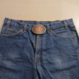 Huber 100 Years 1883-1983 vintage belt buckle – worn on belt with jeans