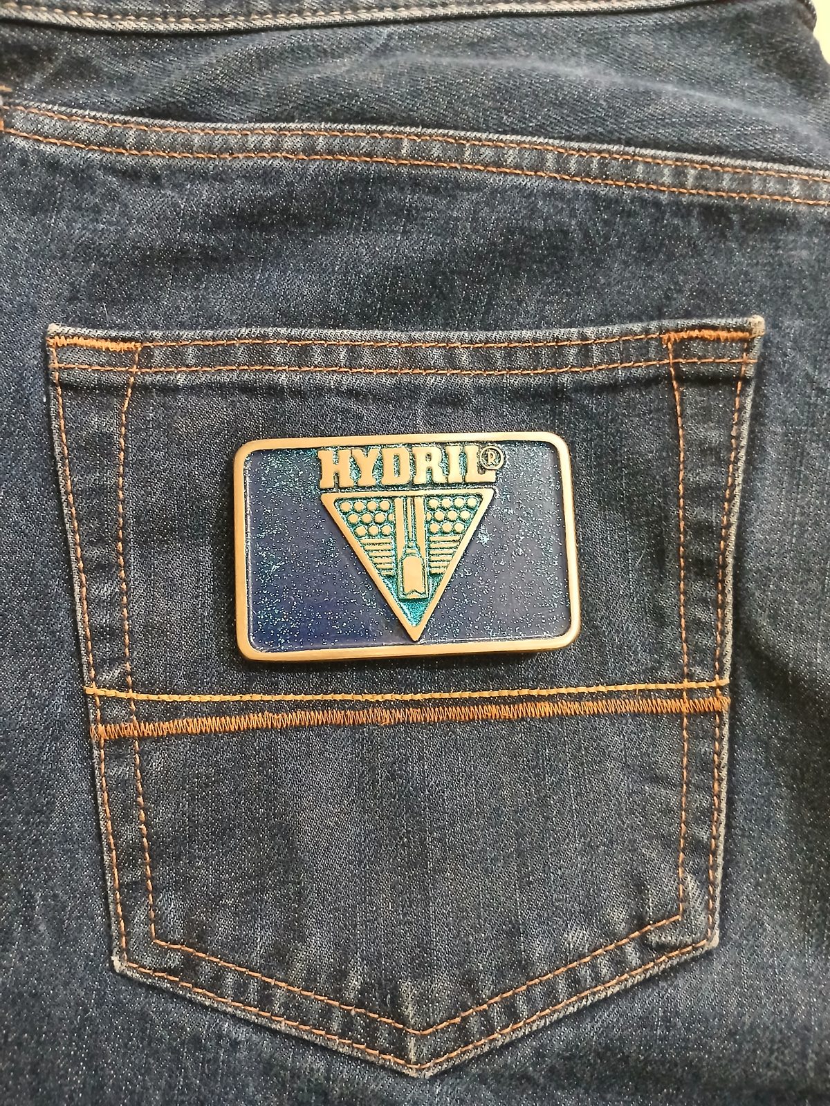 Hydril Vintage Belt Buckle – On jeans back pocket Hydril vintage belt buckle – on jeans back pocket