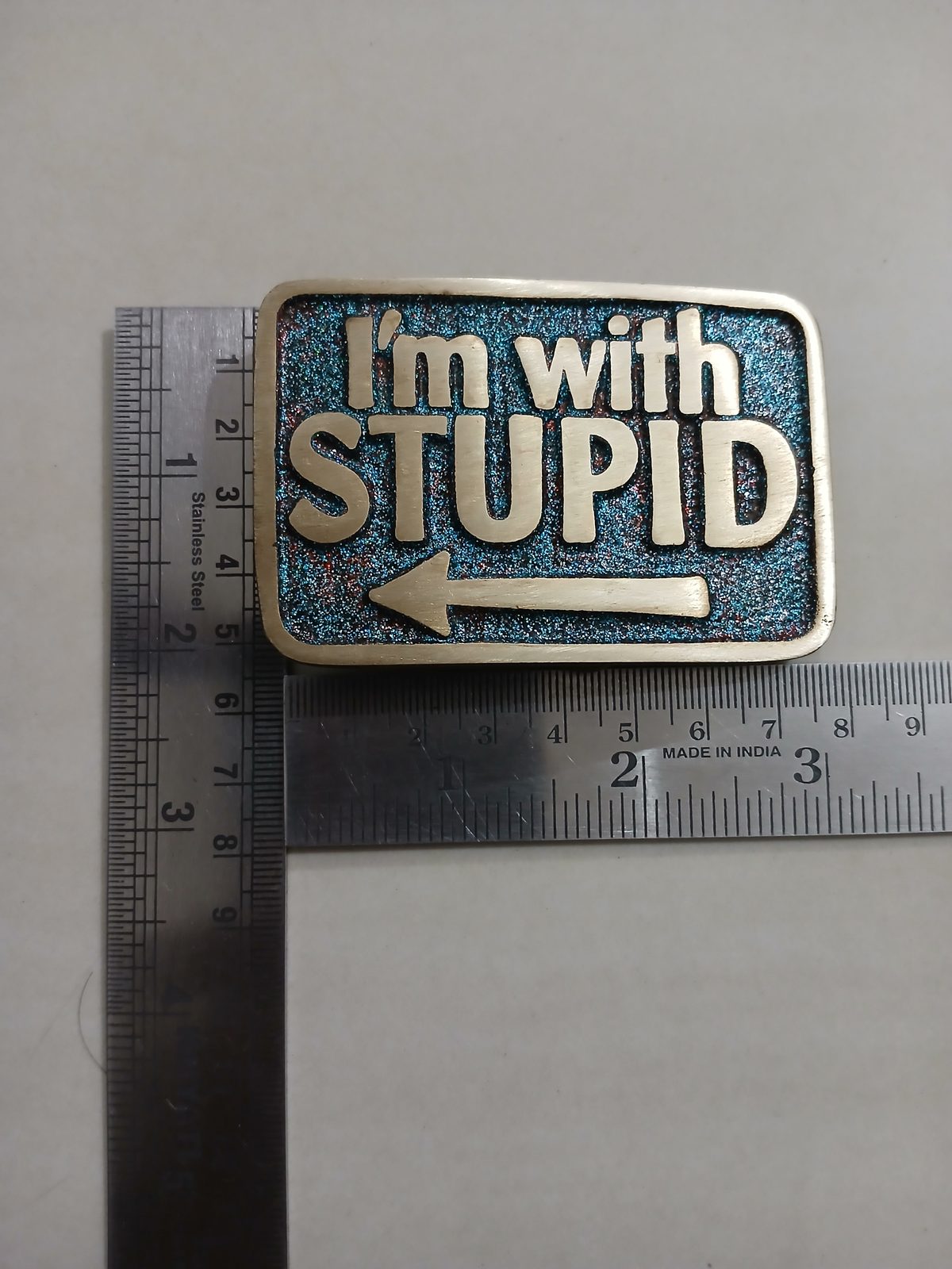 Im With Stupid Vintage Belt Buckle – With ruler for size Im With Stupid vintage belt buckle – with ruler for size