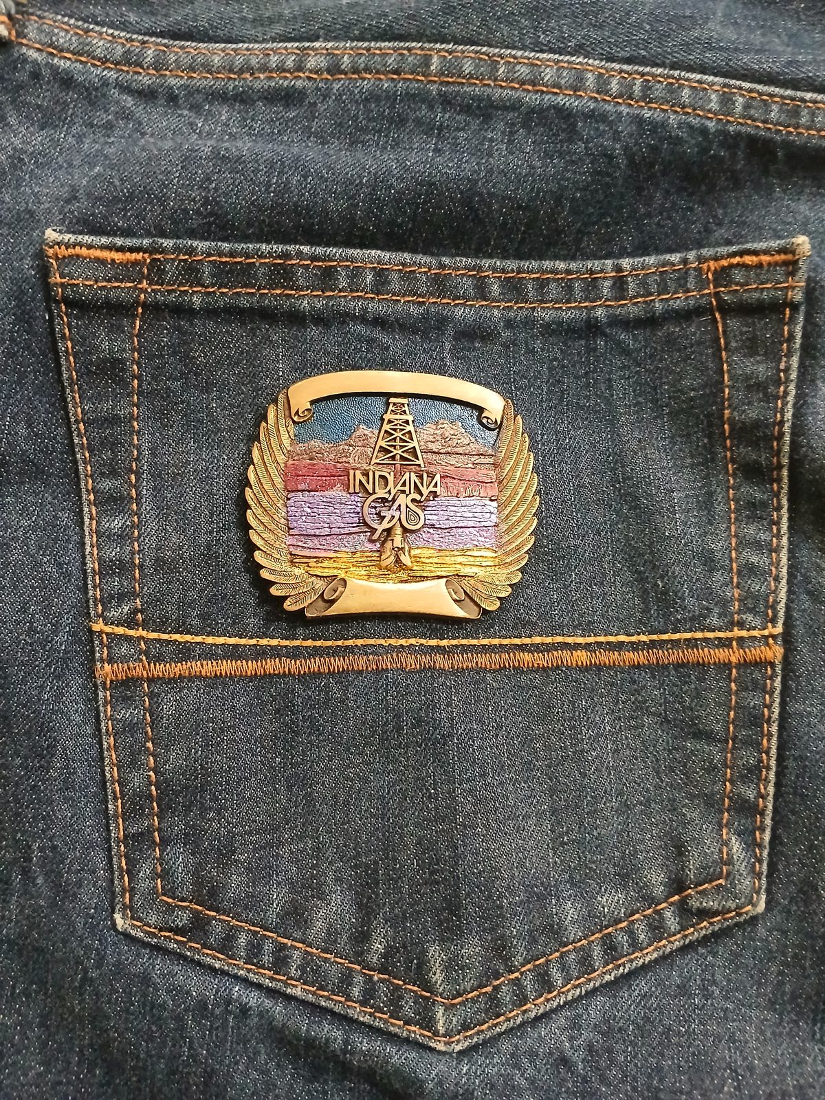 Indiana Gas Vintage Belt Buckle – On jeans back pocket Indiana Gas vintage belt buckle – on jeans back pocket
