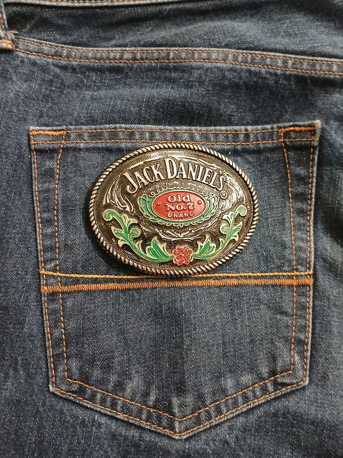 Jack Daniels Old No 7 Vintage Belt Buckle – On jeans back pocket Jack Daniels Old No 7 vintage belt buckle – on jeans back pocket