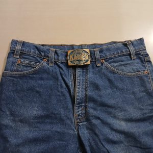 Kaiser Permanente 1979 Safety Award vintage belt buckle – worn on belt with jeans