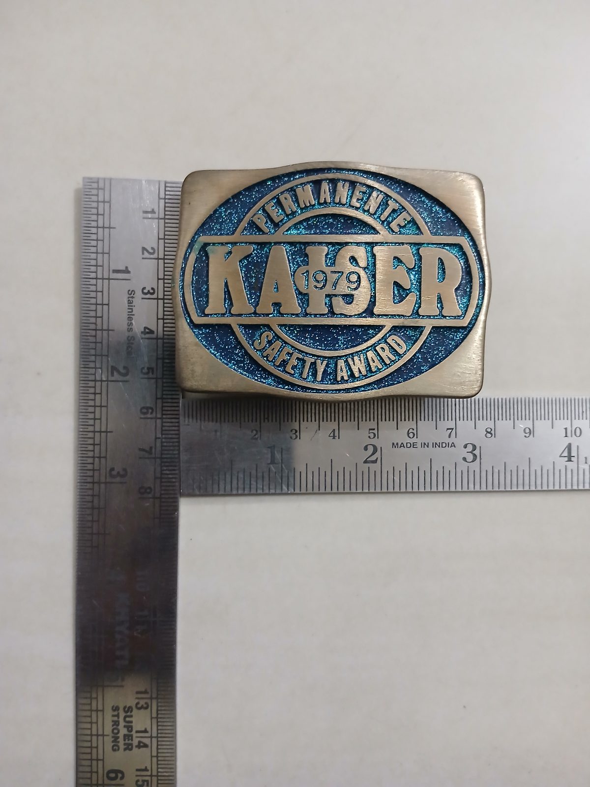 Kaiser Permanente 1979 Safety Award Vintage Belt Buckle – With ruler for size Kaiser Permanente 1979 Safety Award vintage belt buckle – with ruler for size