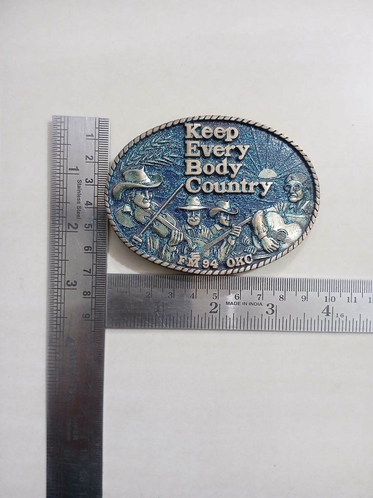Keep Every Body Country FM94 OKC Vintage Belt Buckle – With ruler for size Keep Every Body Country FM94 OKC vintage belt buckle – with ruler for size