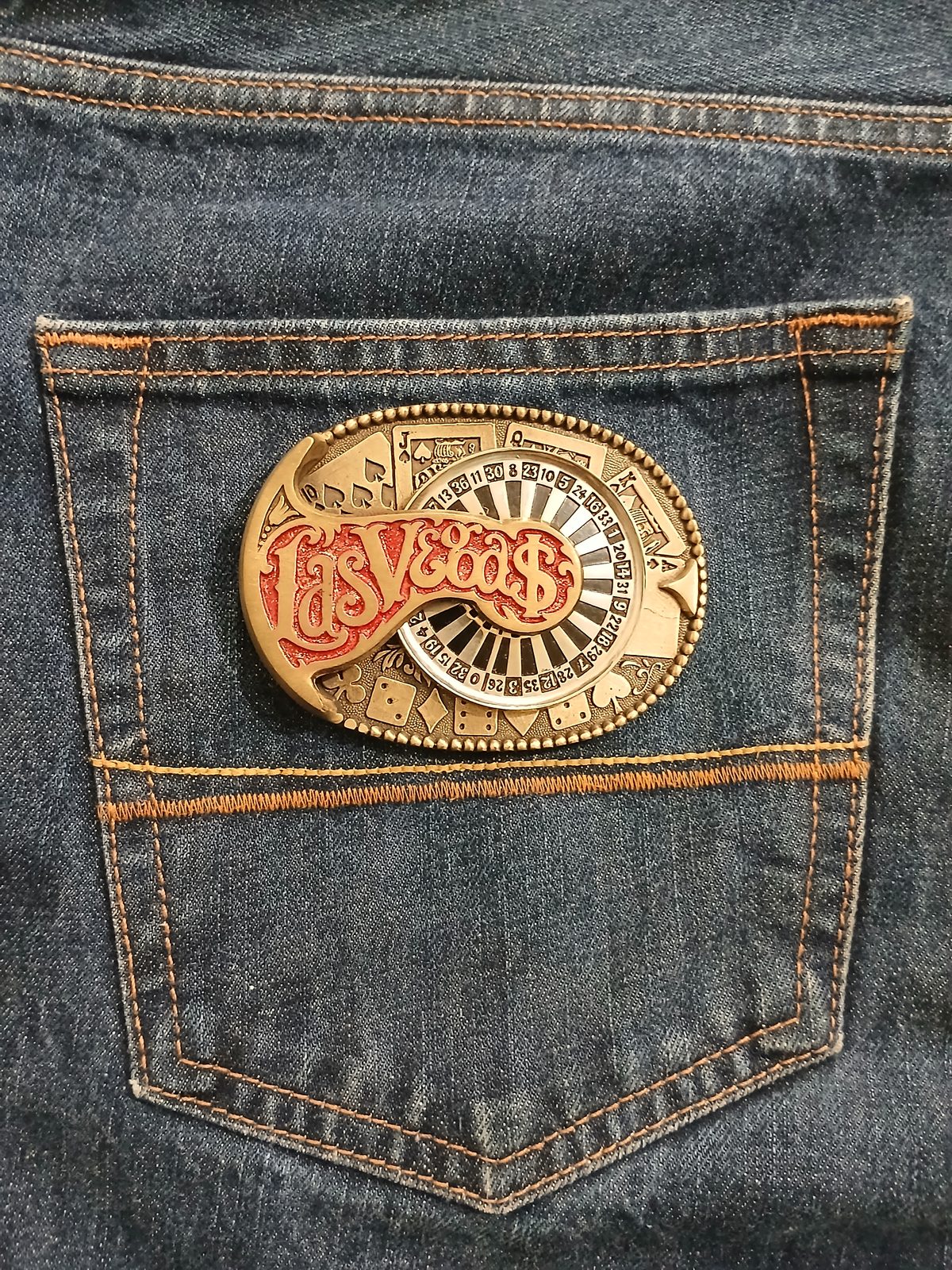 Las Vegas Vintage Belt Buckle – On jeans back pocket Las Vegas vintage belt buckle – on jeans back pocket