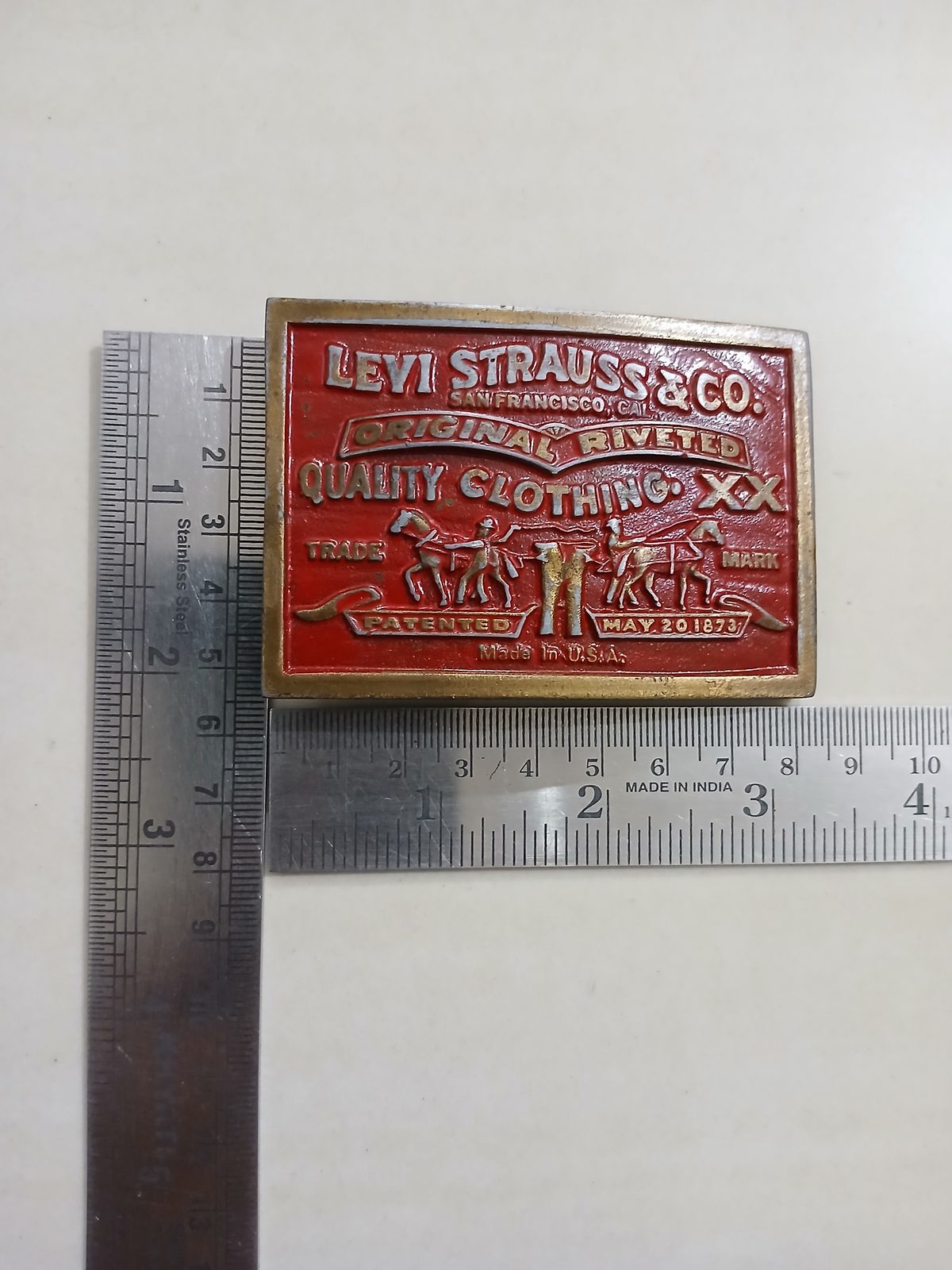 Levi Strauss Quality Clothing Vintage Belt Buckle – With ruler for size Levi Strauss Quality Clothing vintage belt buckle – with ruler for size