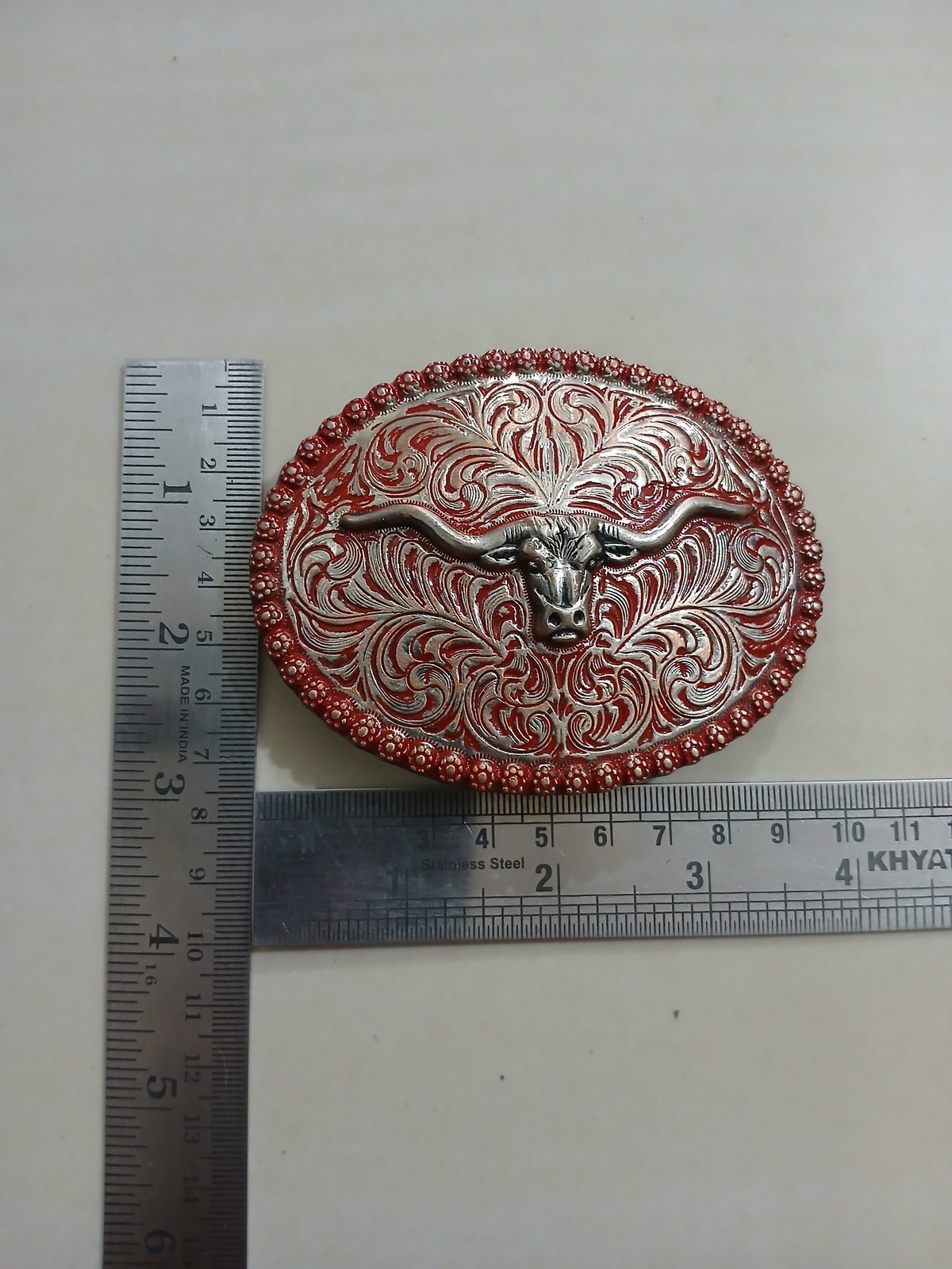 Longhorn Floral Vintage Belt Buckle – With ruler for size Longhorn Floral vintage belt buckle – with ruler for size