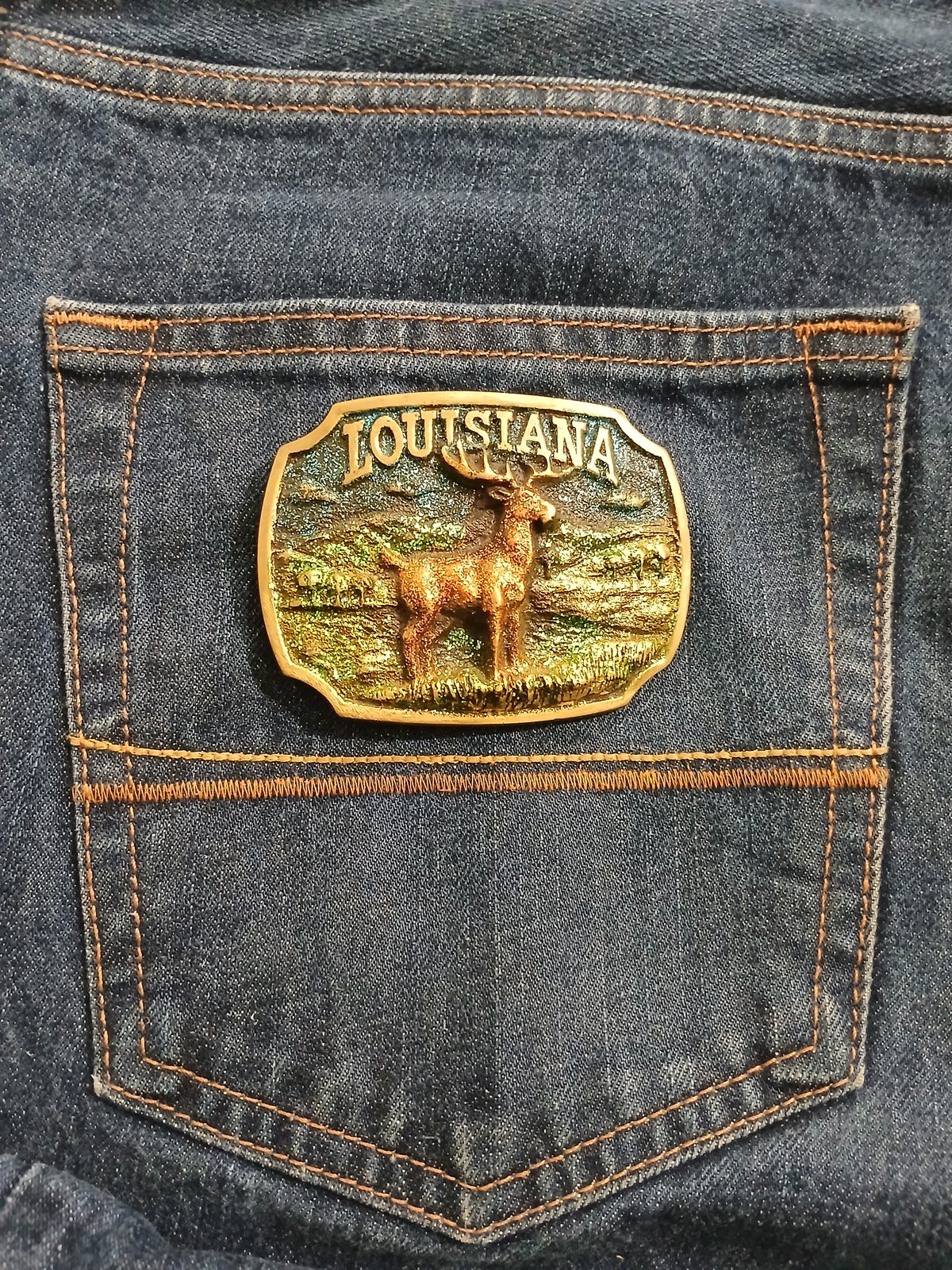 Louisiana Deer Vintage Belt Buckle – On jeans back pocket Louisiana Deer vintage belt buckle – on jeans back pocket