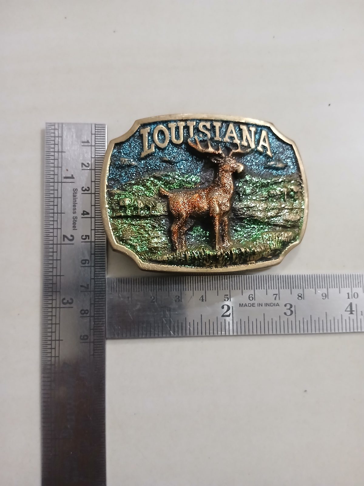 Louisiana Deer Vintage Belt Buckle – With ruler for size Louisiana Deer vintage belt buckle – with ruler for size