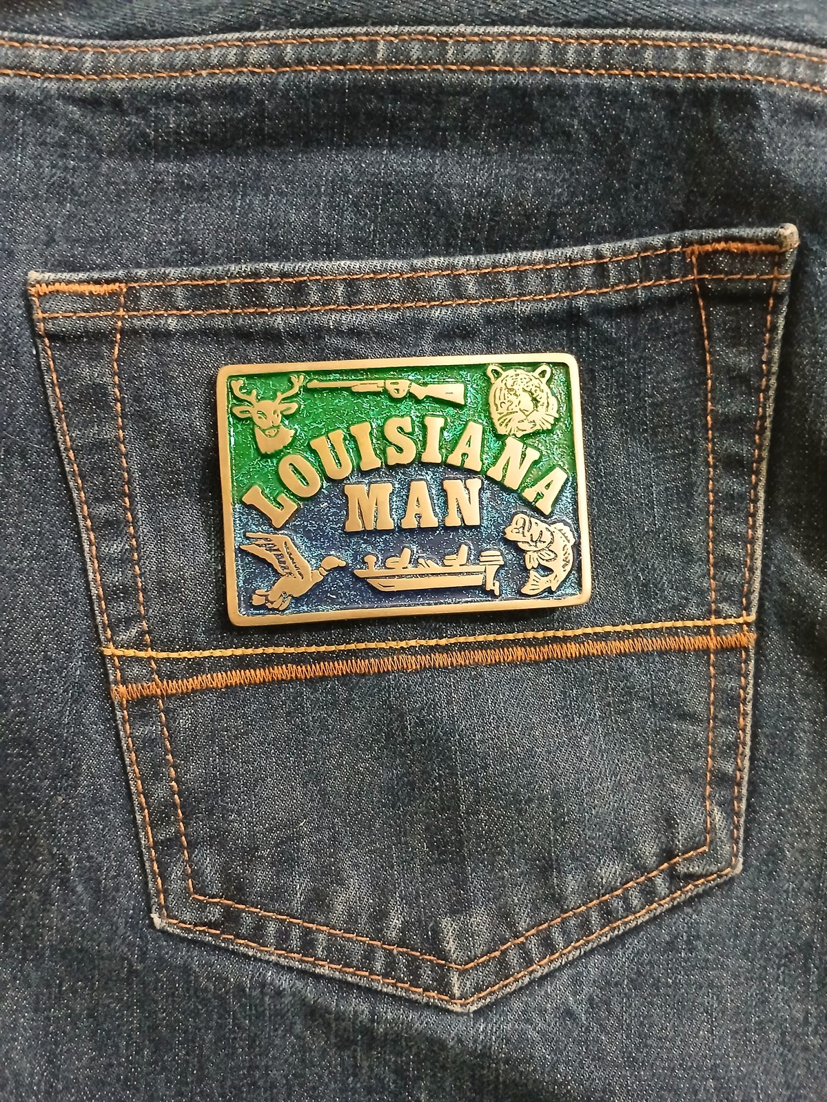 Louisiana Man Vintage Belt Buckle – On jeans back pocket Louisiana Man vintage belt buckle – on jeans back pocket