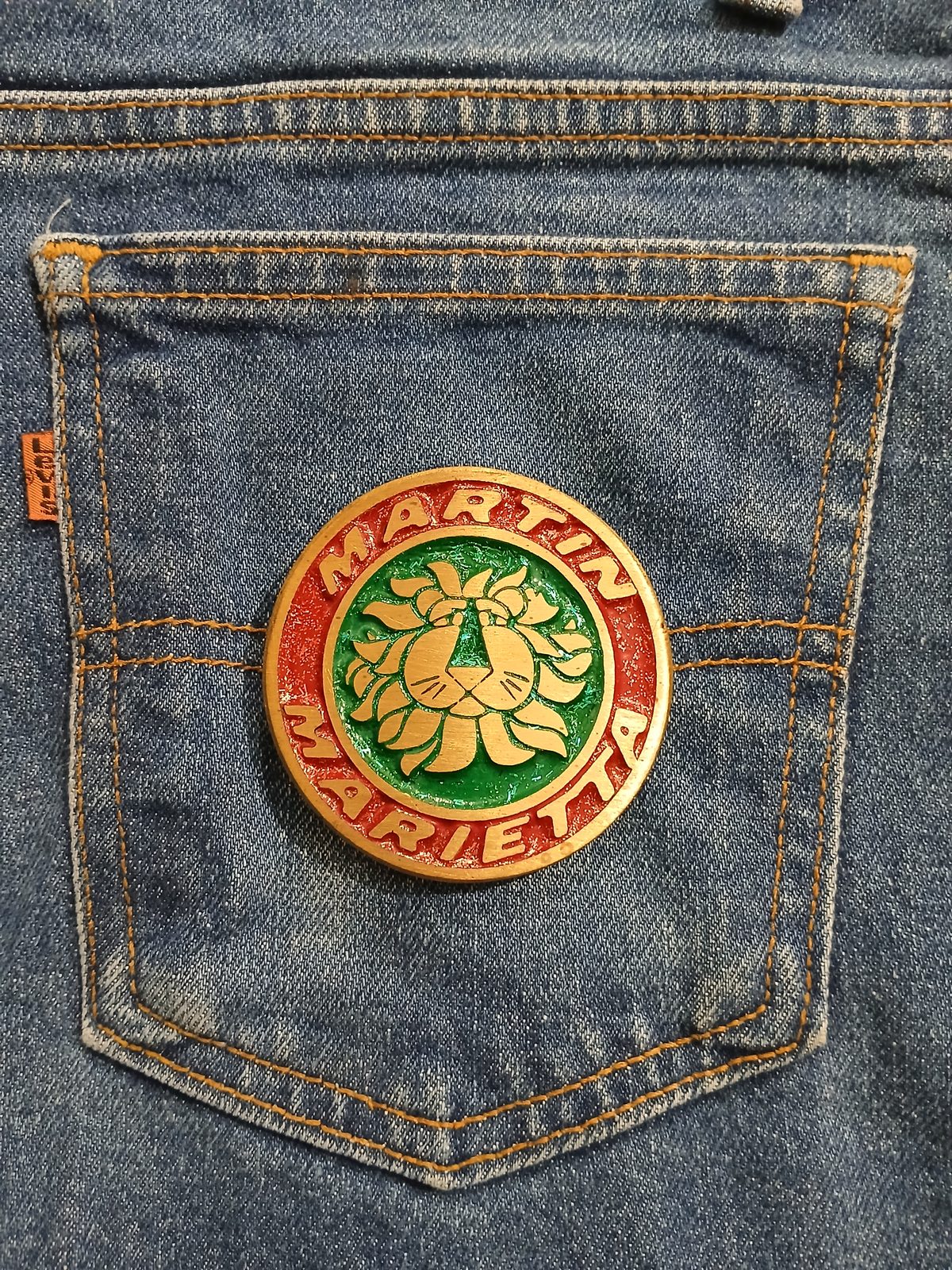 Martin Marietta Vintage Belt Buckle – On jeans back pocket Martin Marietta vintage belt buckle – on jeans back pocket