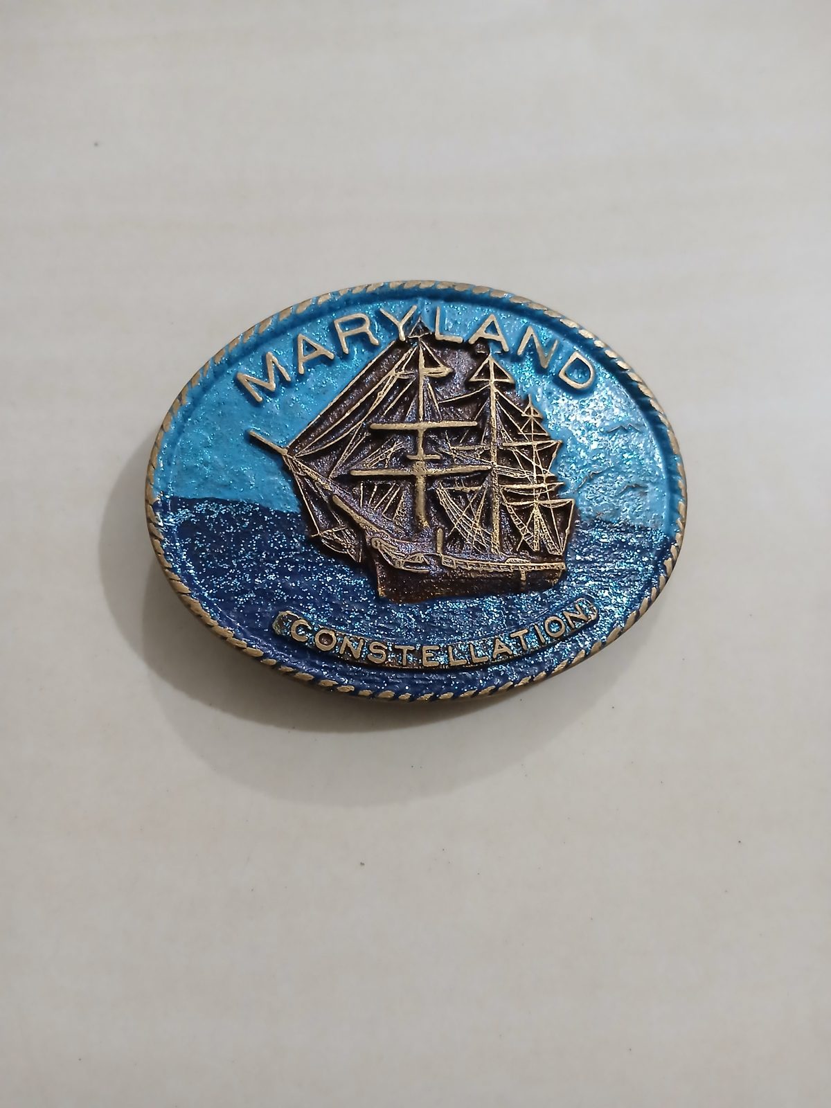 Maryland Constellation Ship Vintage Belt Buckle – Front view Maryland Constellation Ship vintage belt buckle – front view
