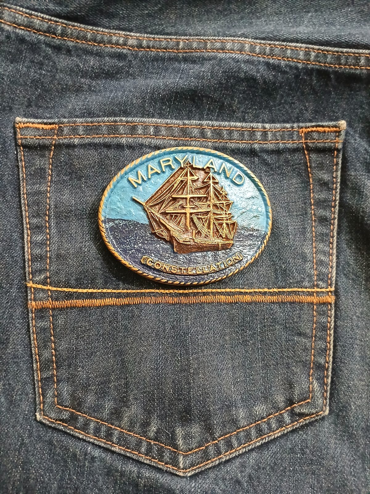 Maryland Constellation Ship Vintage Belt Buckle – On jeans back pocket Maryland Constellation Ship vintage belt buckle – on jeans back pocket