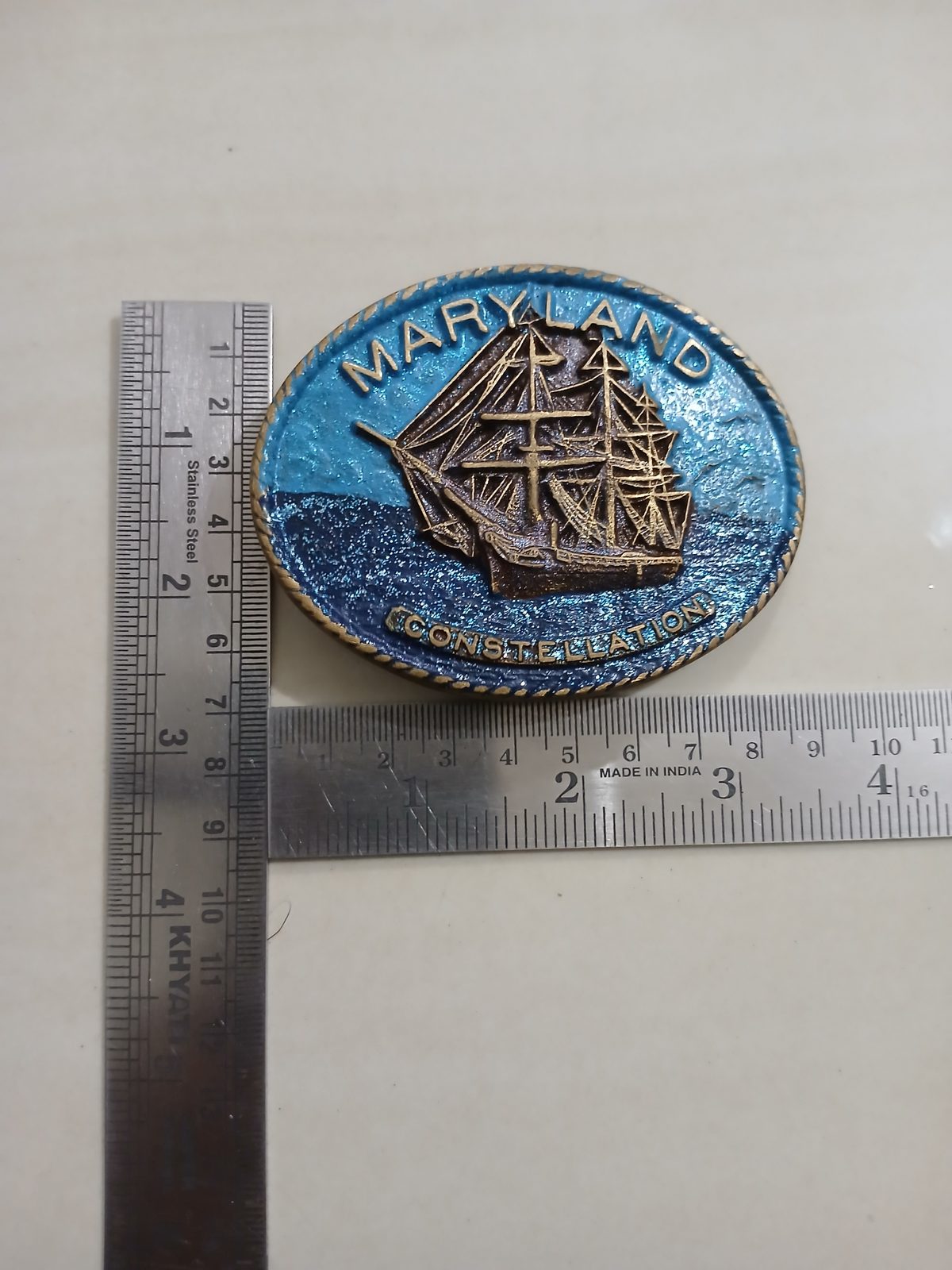 Maryland Constellation Ship Vintage Belt Buckle – With ruler for size Maryland Constellation Ship vintage belt buckle – with ruler for size