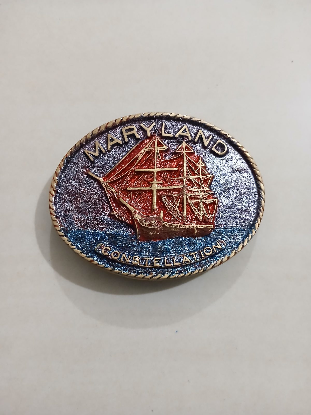 Maryland Constellation Ship Vintage Belt Buckle – Front view Maryland Constellation Ship vintage belt buckle – front view