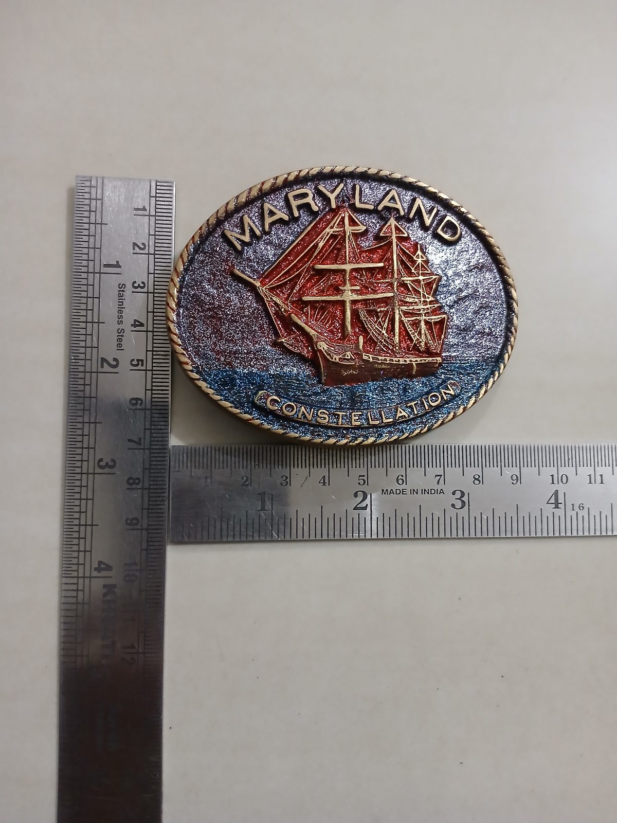 Maryland Constellation Ship Vintage Belt Buckle – With ruler for size Maryland Constellation Ship vintage belt buckle – with ruler for size