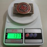 Missouri Pacific Railroad vintage belt buckle – on scale showing weight
