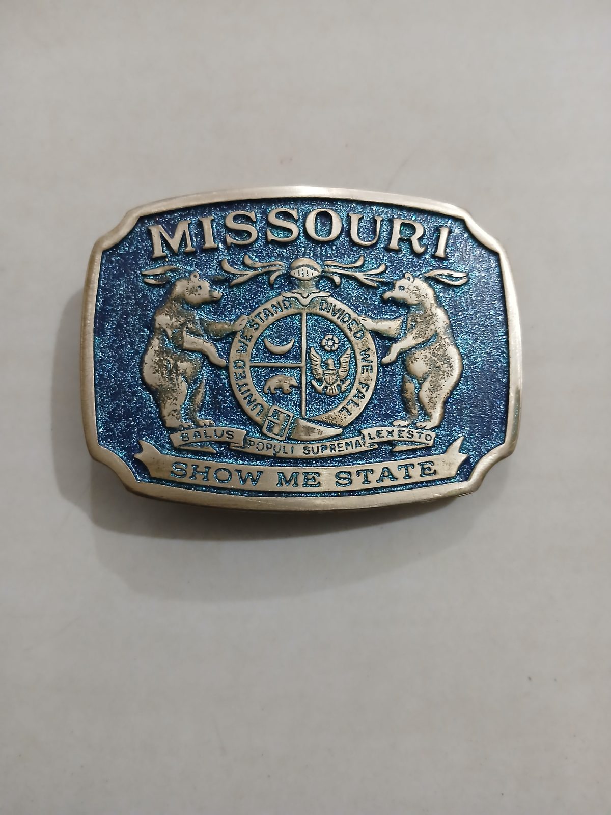 Missouri Show Me State Vintage Belt Buckle – Front view Missouri Show Me State vintage belt buckle – front view