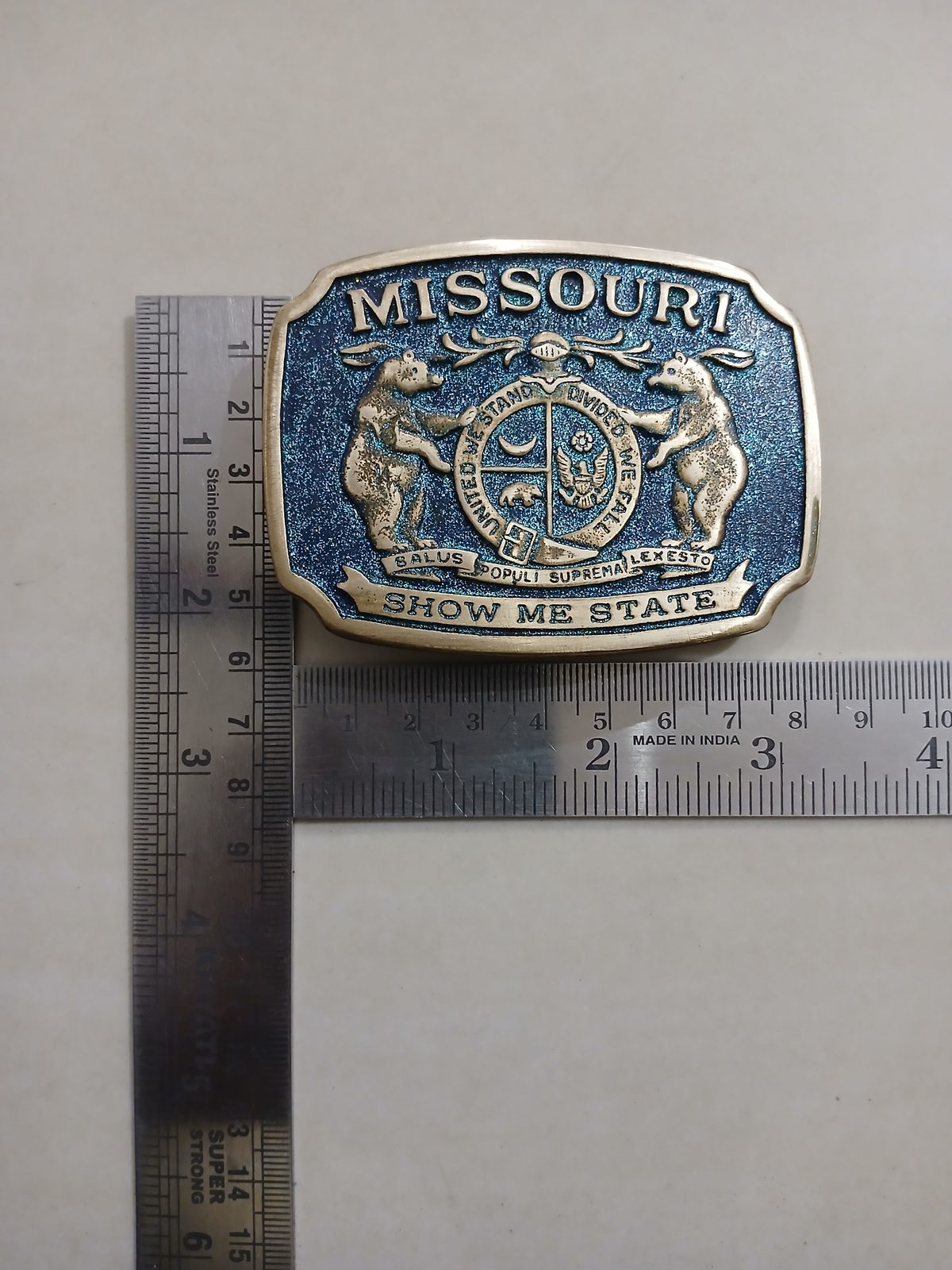 Missouri Show Me State Vintage Belt Buckle – With ruler for size Missouri Show Me State vintage belt buckle – with ruler for size