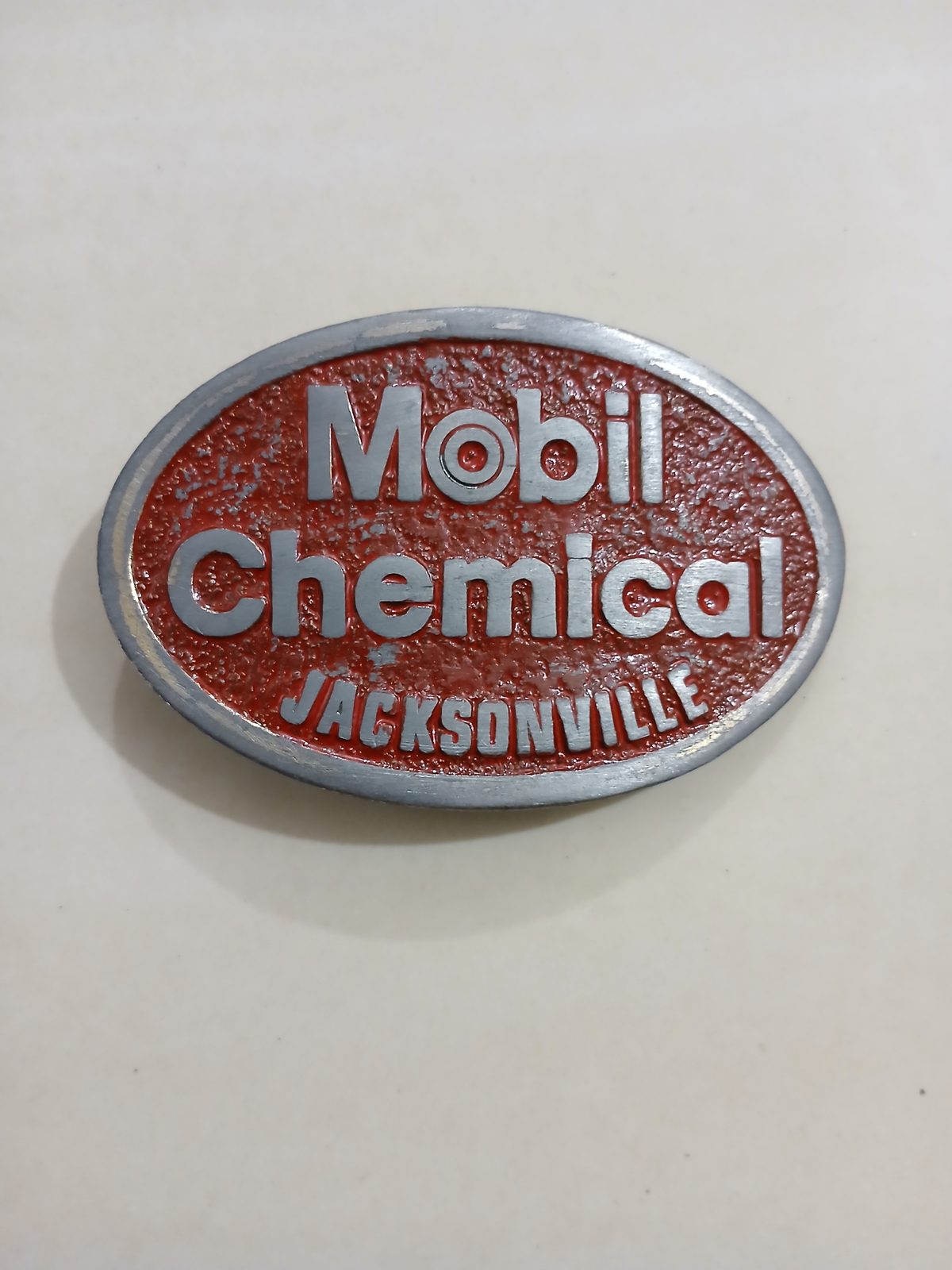 Mobil Chemical Jacksonville Vintage Belt Buckle – Front view Mobil Chemical Jacksonville vintage belt buckle – front view