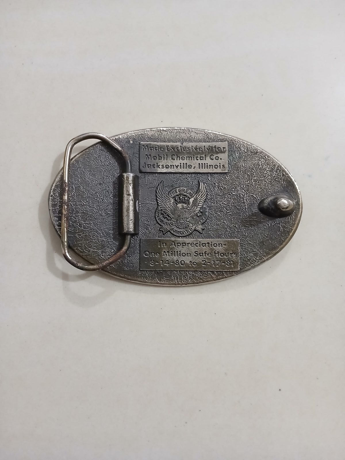 Mobil Chemical Jacksonville Vintage Belt Buckle – Back view Mobil Chemical Jacksonville vintage belt buckle – back view