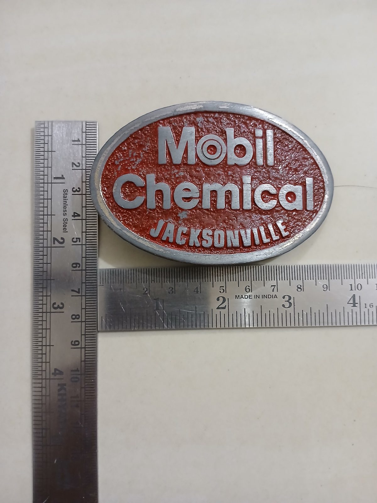 Mobil Chemical Jacksonville Vintage Belt Buckle – With ruler for size Mobil Chemical Jacksonville vintage belt buckle – with ruler for size