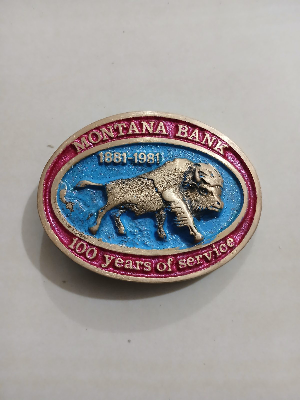 Montana Bank 1881-1981 Vintage Belt Buckle – Front view Montana Bank 1881-1981 vintage belt buckle – front view