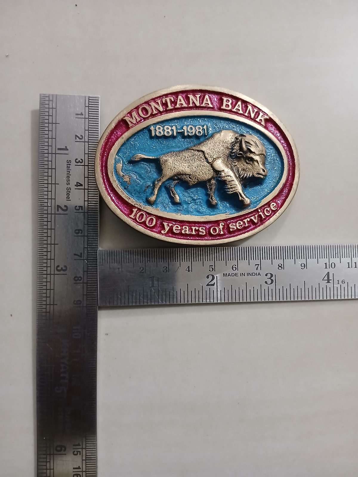 Montana Bank 1881-1981 Vintage Belt Buckle – With ruler for size Montana Bank 1881-1981 vintage belt buckle – with ruler for size