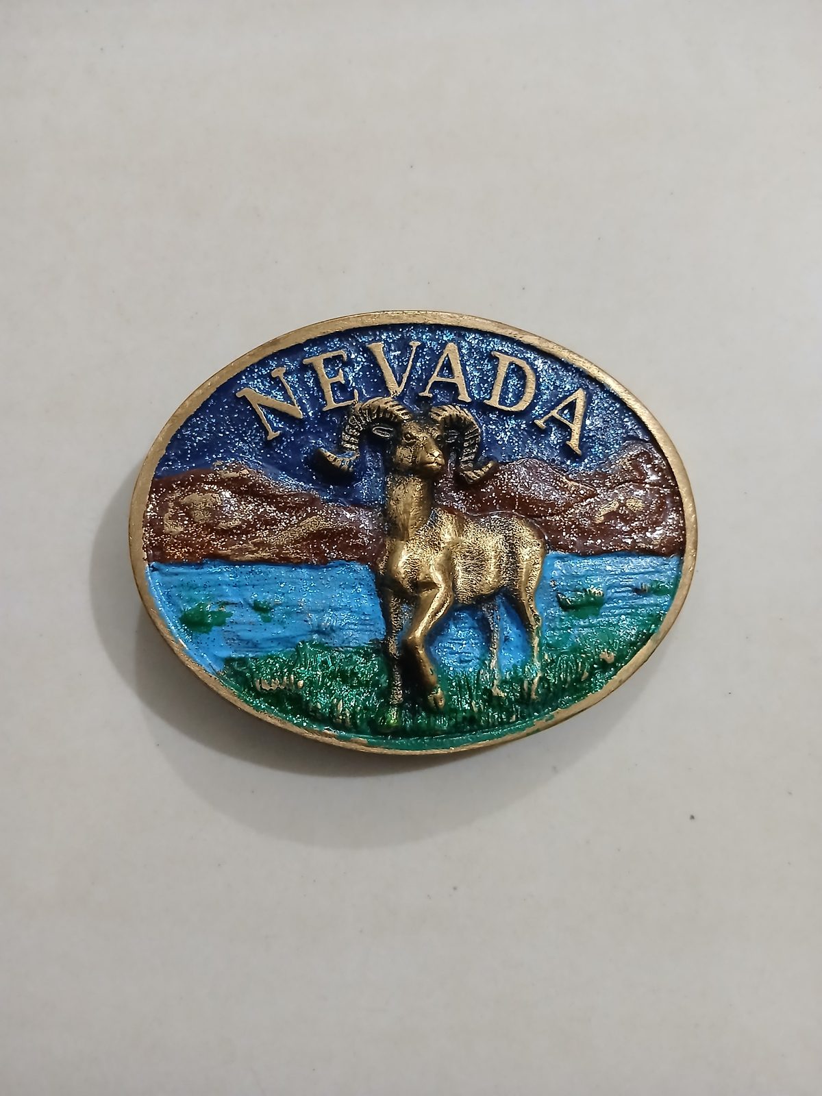 Nevada Bighorn Ram Vintage Belt Buckle – Front view Nevada Bighorn Ram vintage belt buckle – front view