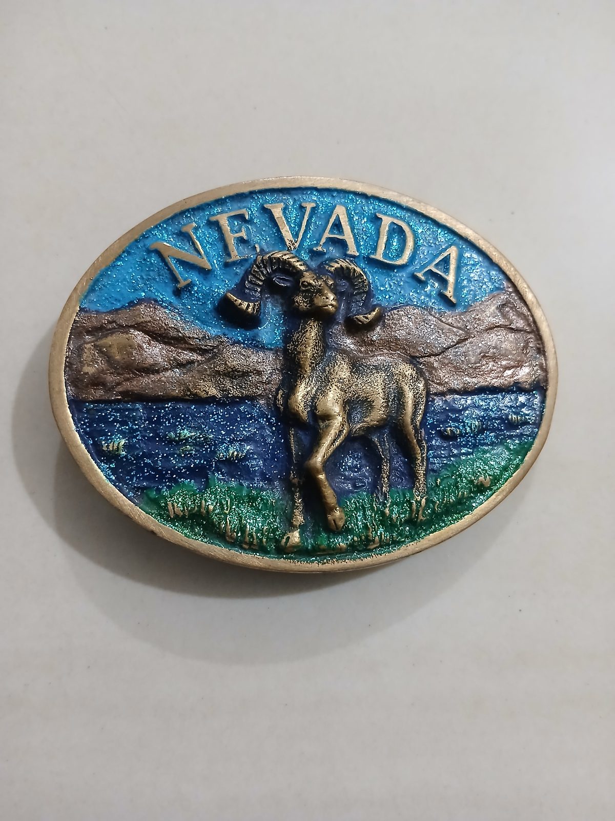 Nevada Bighorn Ram Vintage Belt Buckle – Front view Nevada Bighorn Ram vintage belt buckle – front view