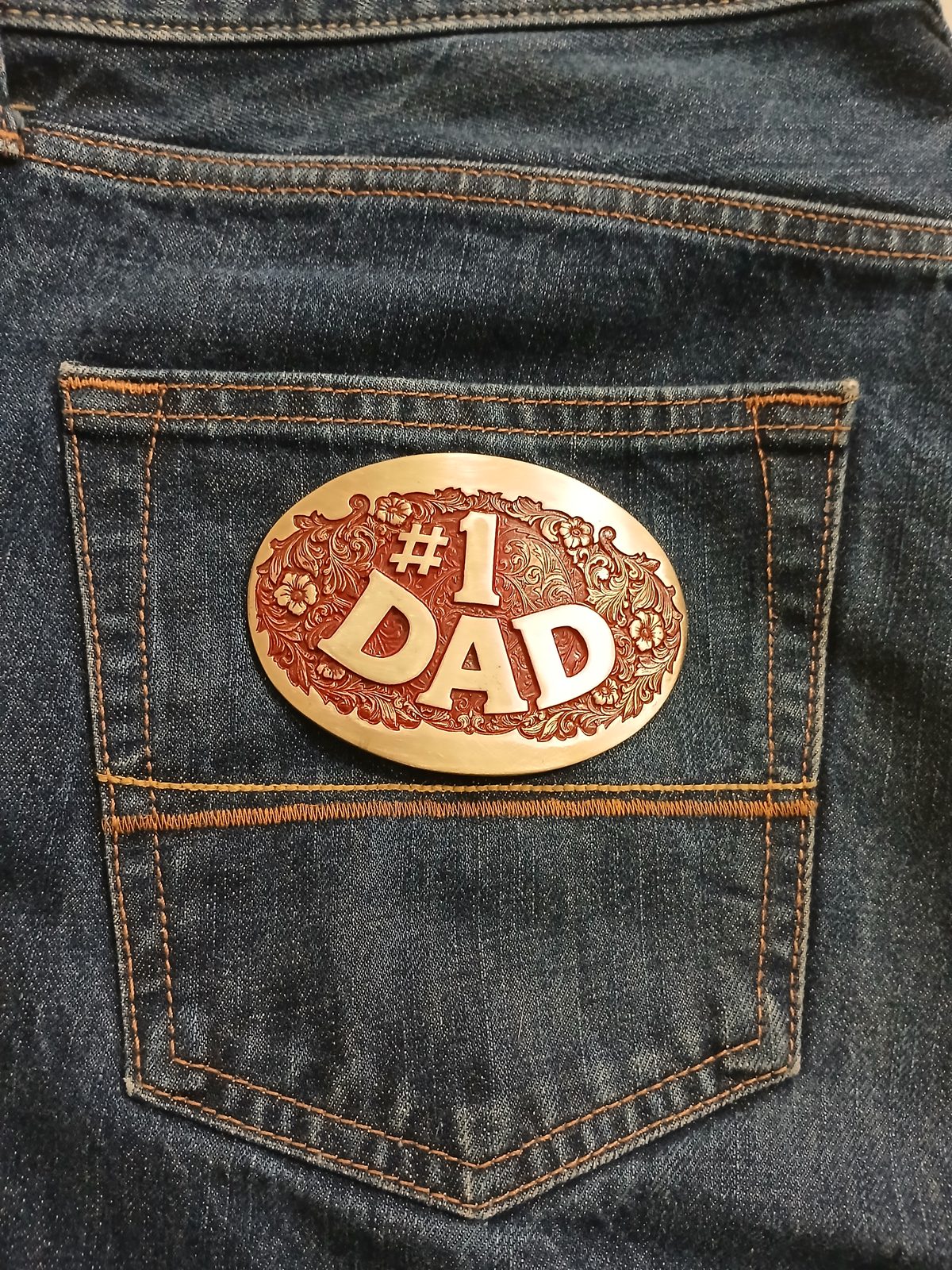 Number 1 Dad Vintage Belt Buckle – On jeans back pocket Number 1 Dad vintage belt buckle – on jeans back pocket
