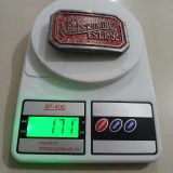 NY Abercrombie Est 1892 Red vintage belt buckle – on scale showing weight