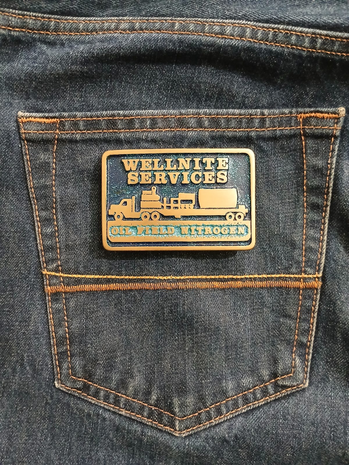 Oil Field Nitrogen Services Vintage Belt Buckle – On jeans back pocket Oil Field Nitrogen Services vintage belt buckle – on jeans back pocket