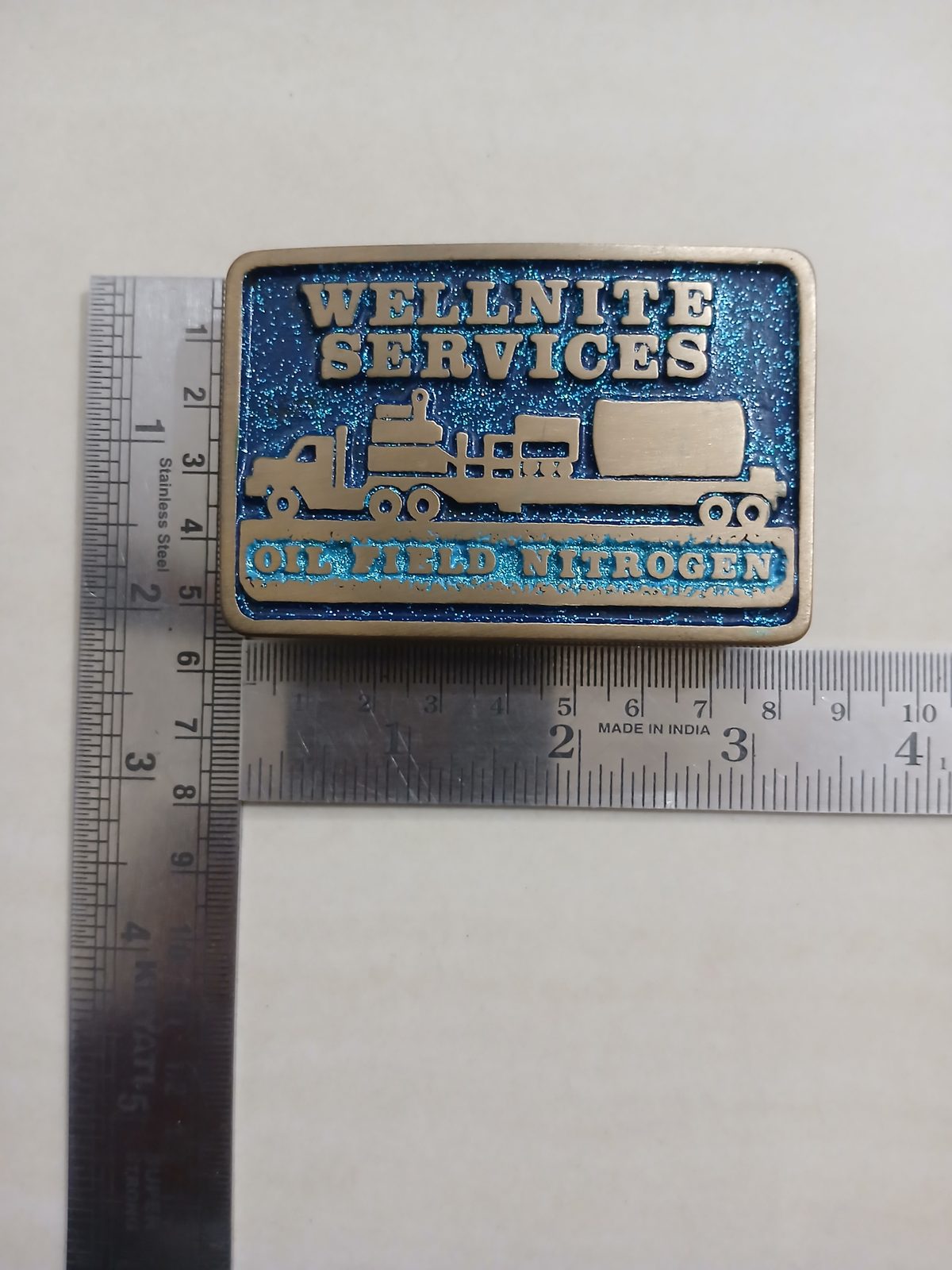 Oil Field Nitrogen Services Vintage Belt Buckle – With ruler for size Oil Field Nitrogen Services vintage belt buckle – with ruler for size