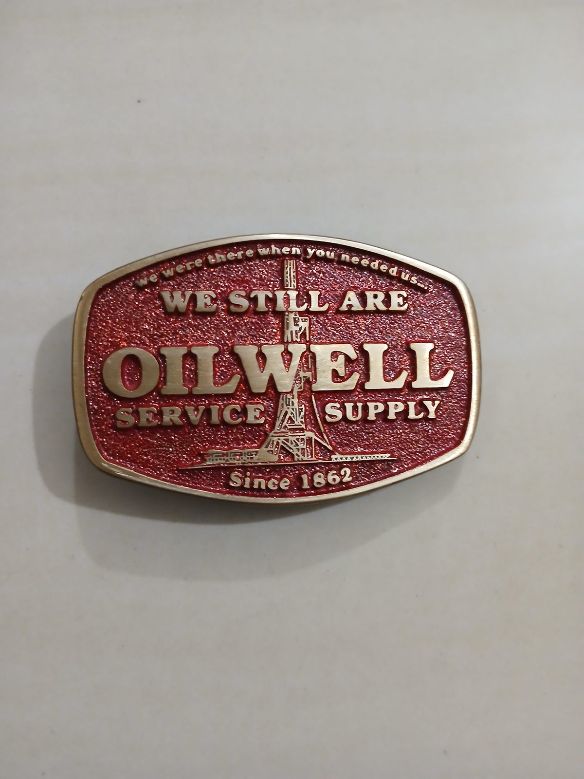 Oilwell Service Supply Vintage Belt Buckle – Front view Oilwell Service Supply vintage belt buckle – front view