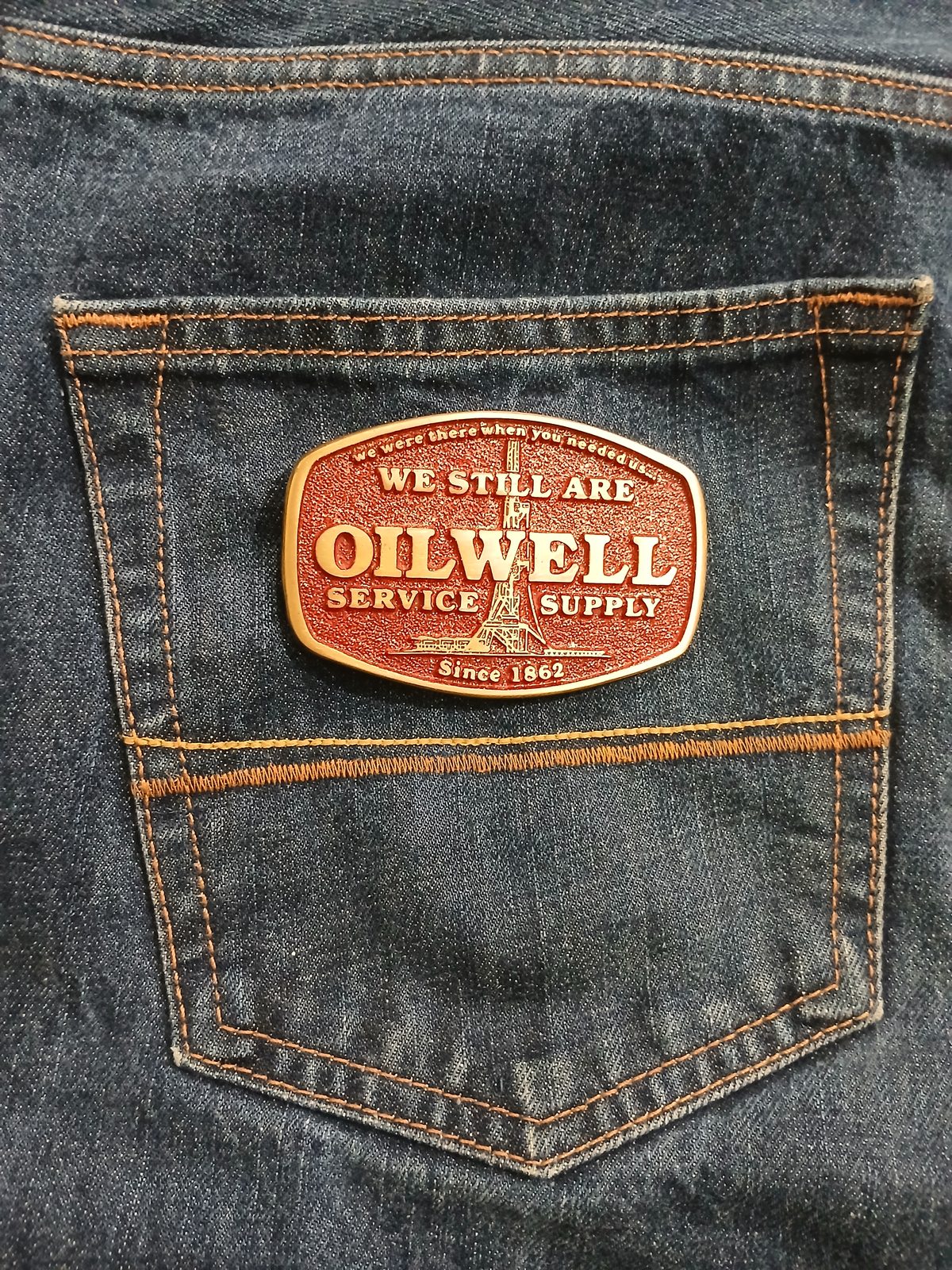 Oilwell Service Supply Vintage Belt Buckle – On jeans back pocket Oilwell Service Supply vintage belt buckle – on jeans back pocket