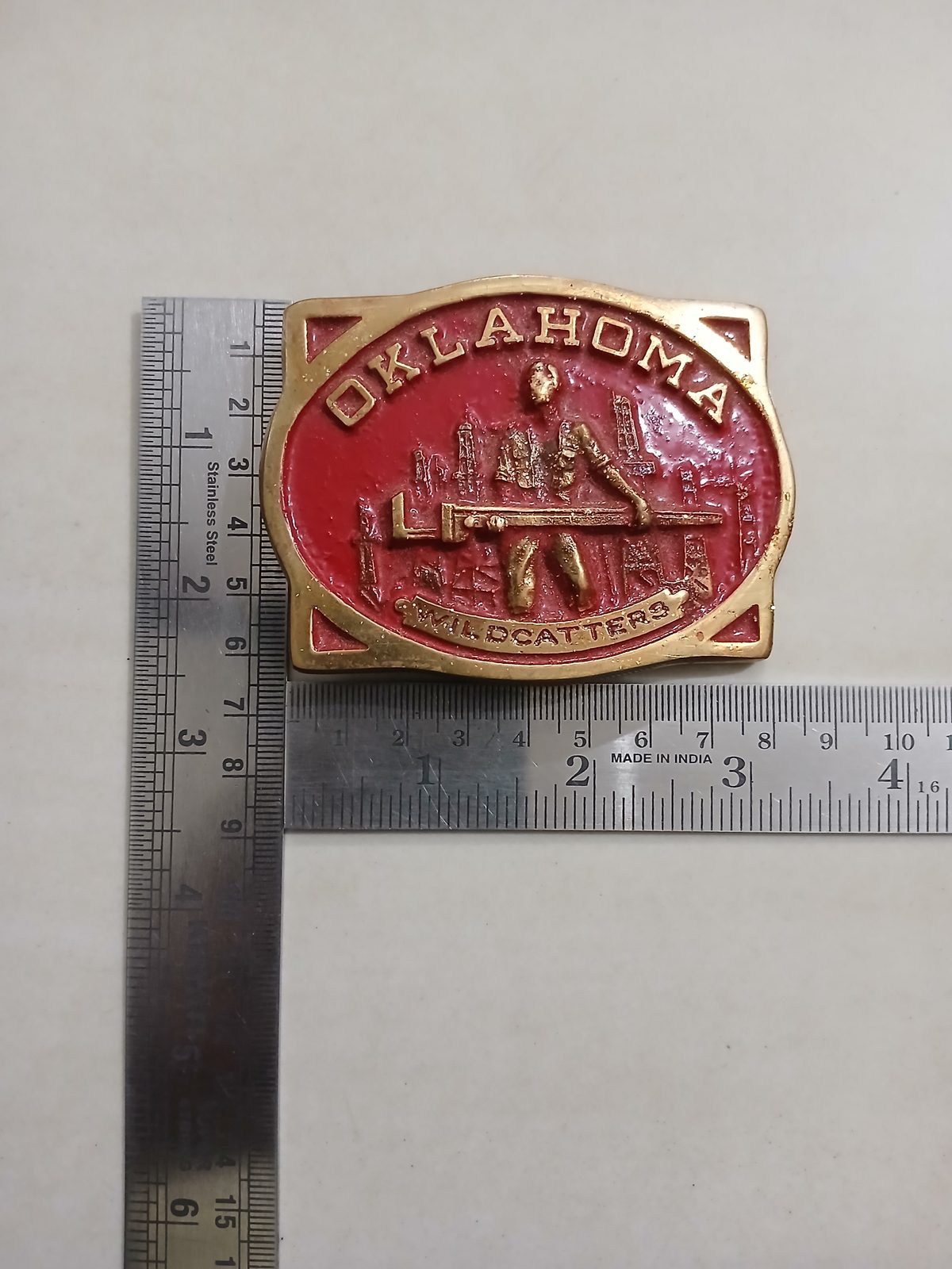 Oklahoma Wildcatters Vintage Belt Buckle – With ruler for size Oklahoma Wildcatters vintage belt buckle – with ruler for size