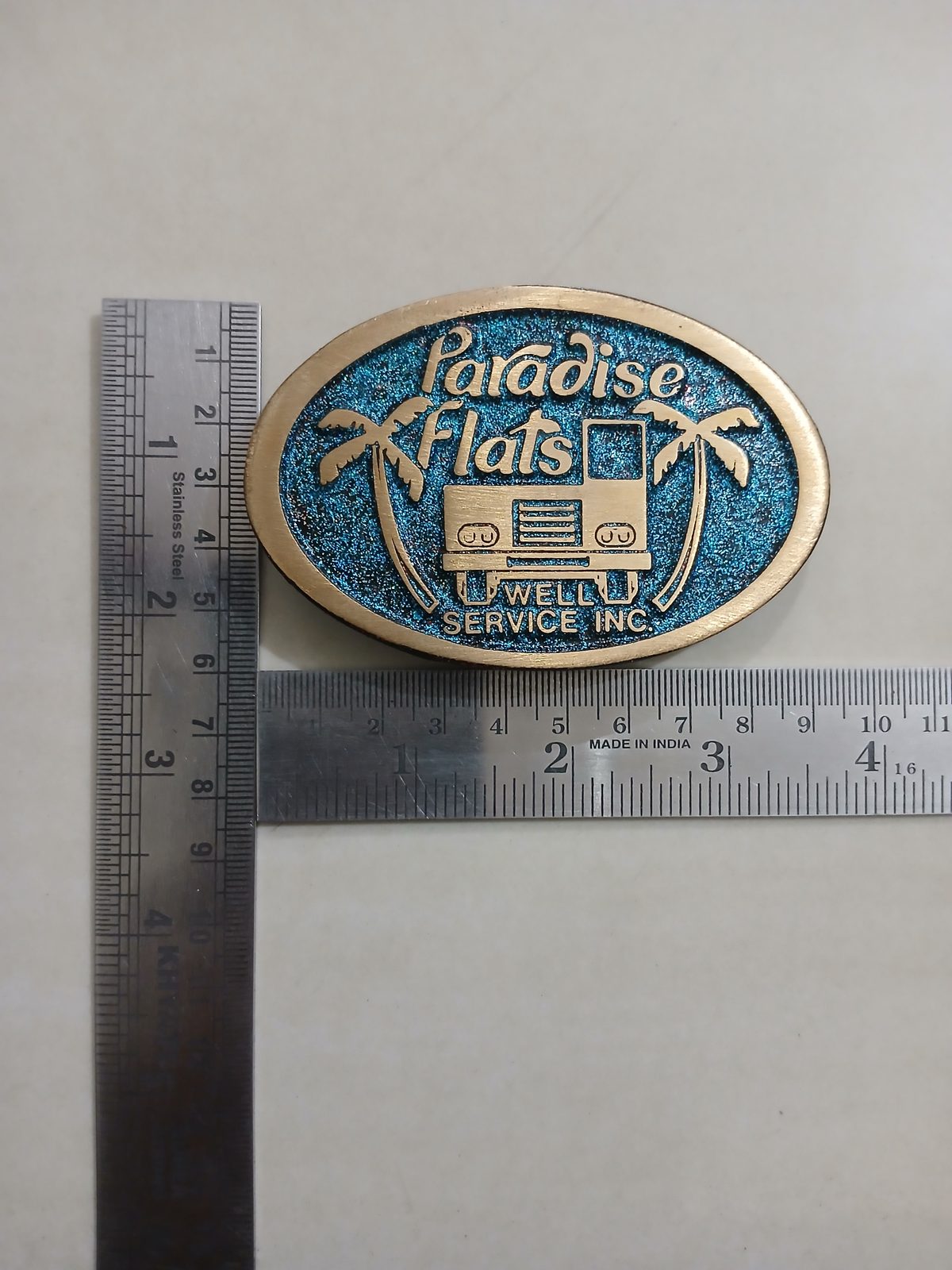 Paradise Flats Well Service Inc Vintage Belt Buckle – With ruler for size Paradise Flats Well Service Inc vintage belt buckle – with ruler for size