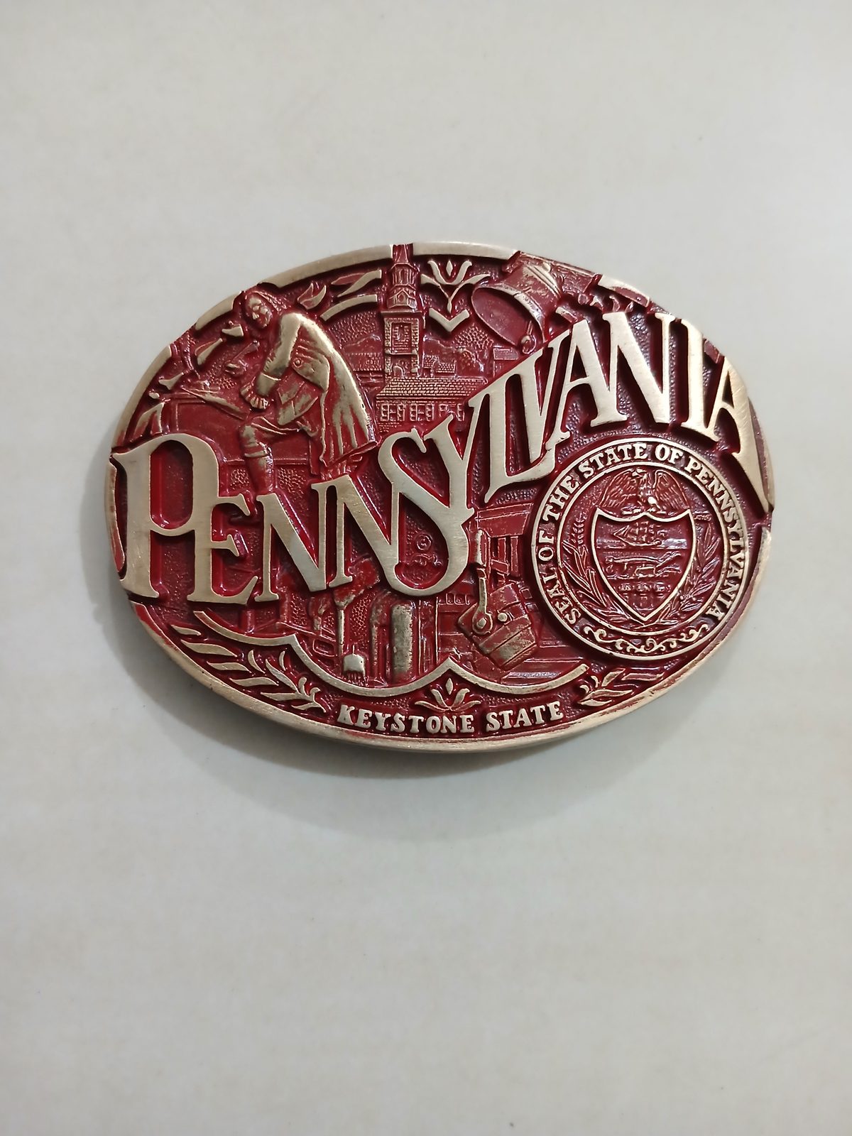 Pennsylvania Keystone State Vintage Belt Buckle – Front view Pennsylvania Keystone State vintage belt buckle – front view