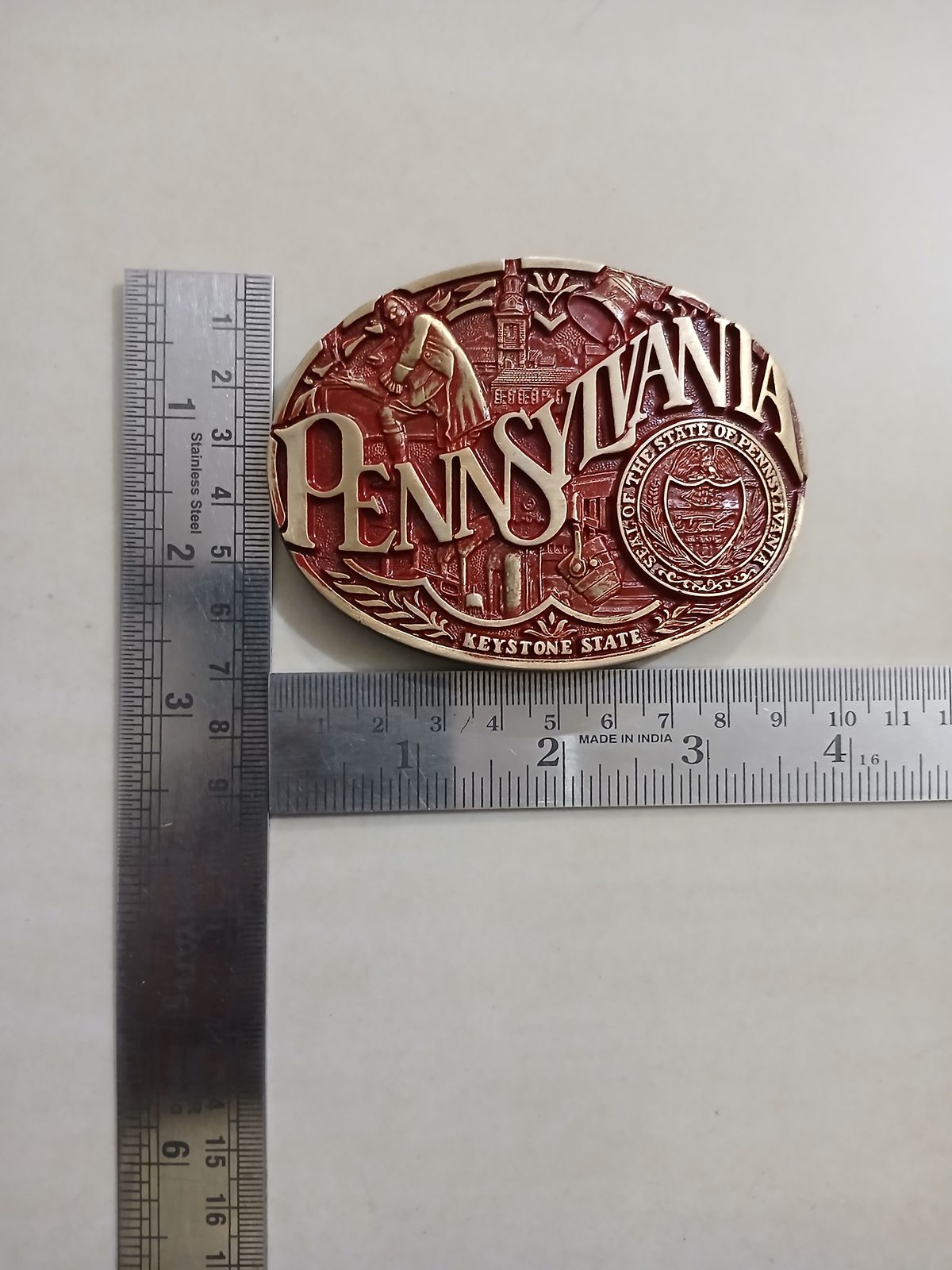 Pennsylvania Keystone State Vintage Belt Buckle – With ruler for size Pennsylvania Keystone State vintage belt buckle – with ruler for size