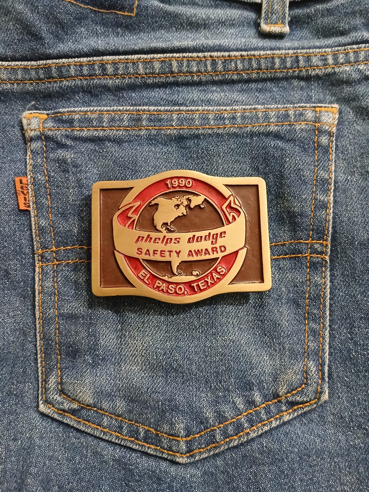 Phelps Dodge Safety Award El Paso Texas Vintage Belt Buckle – On jeans back pocket Phelps Dodge Safety Award El Paso Texas vintage belt buckle – on jeans back pocket
